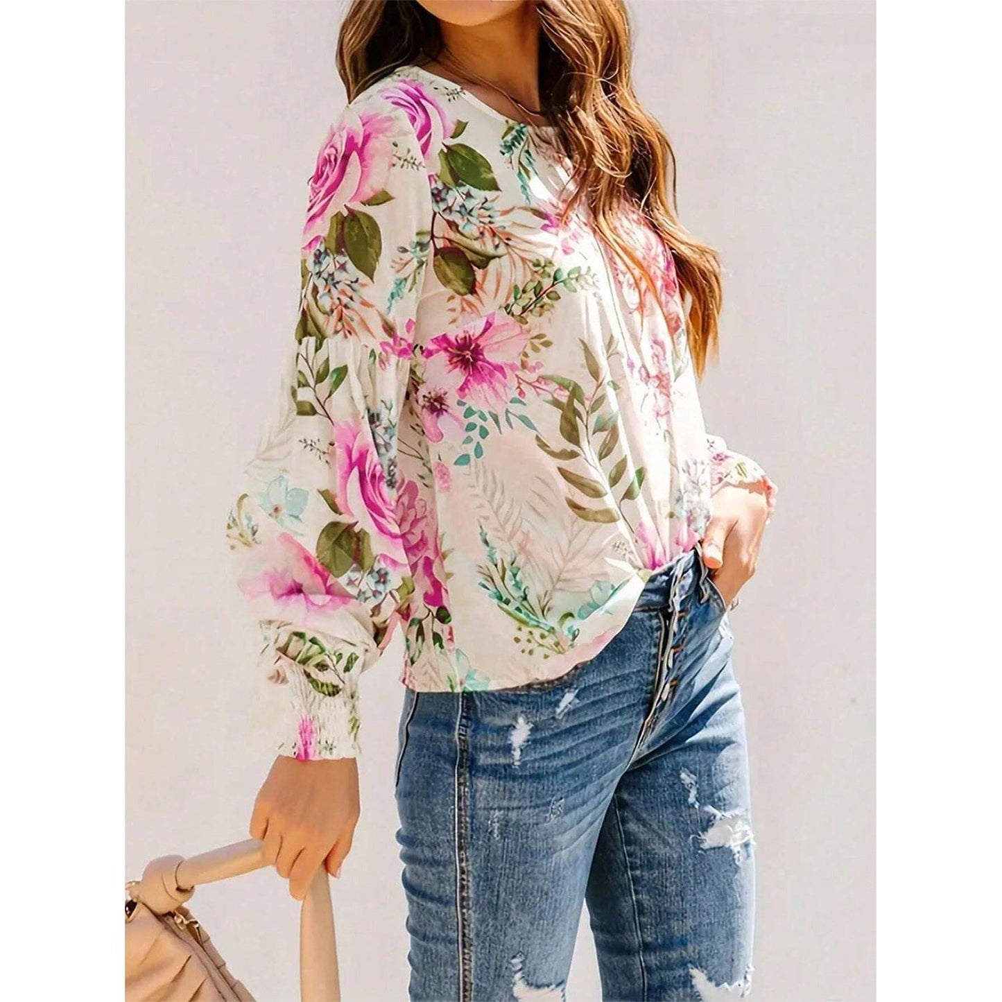 Printed Round Neck Lantern Sleeve Blouse