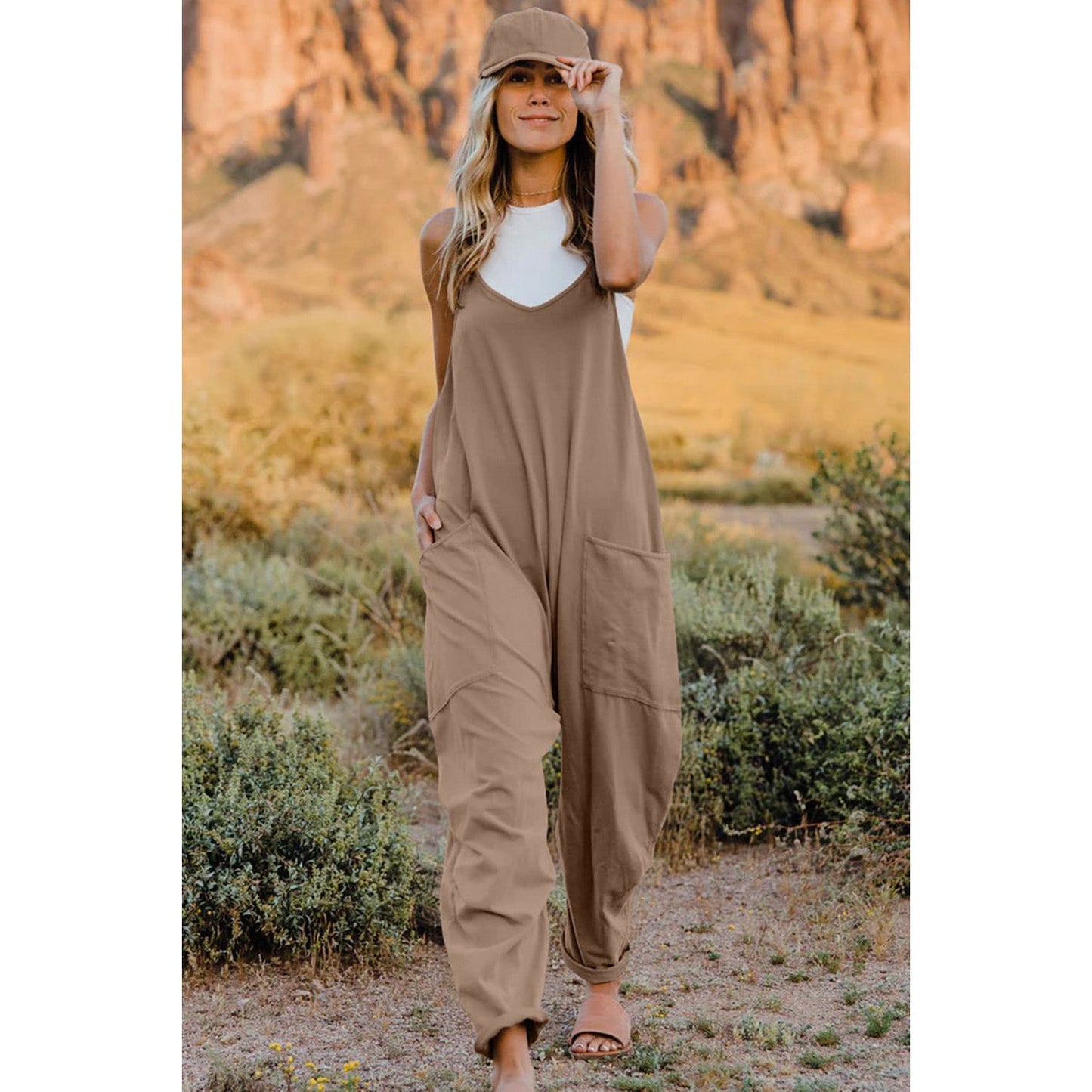 Double Take Full Size V-Neck Sleeveless Jumpsuit with Pockets