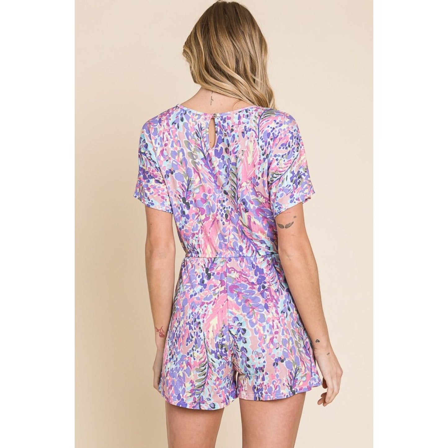 BOMBOM Print Short Sleeve Romper with Pockets