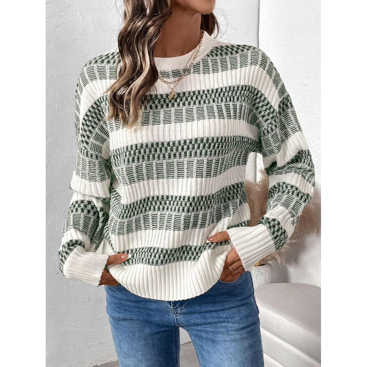 Perfee Contrast Round Neck Long Sleeve Sweater