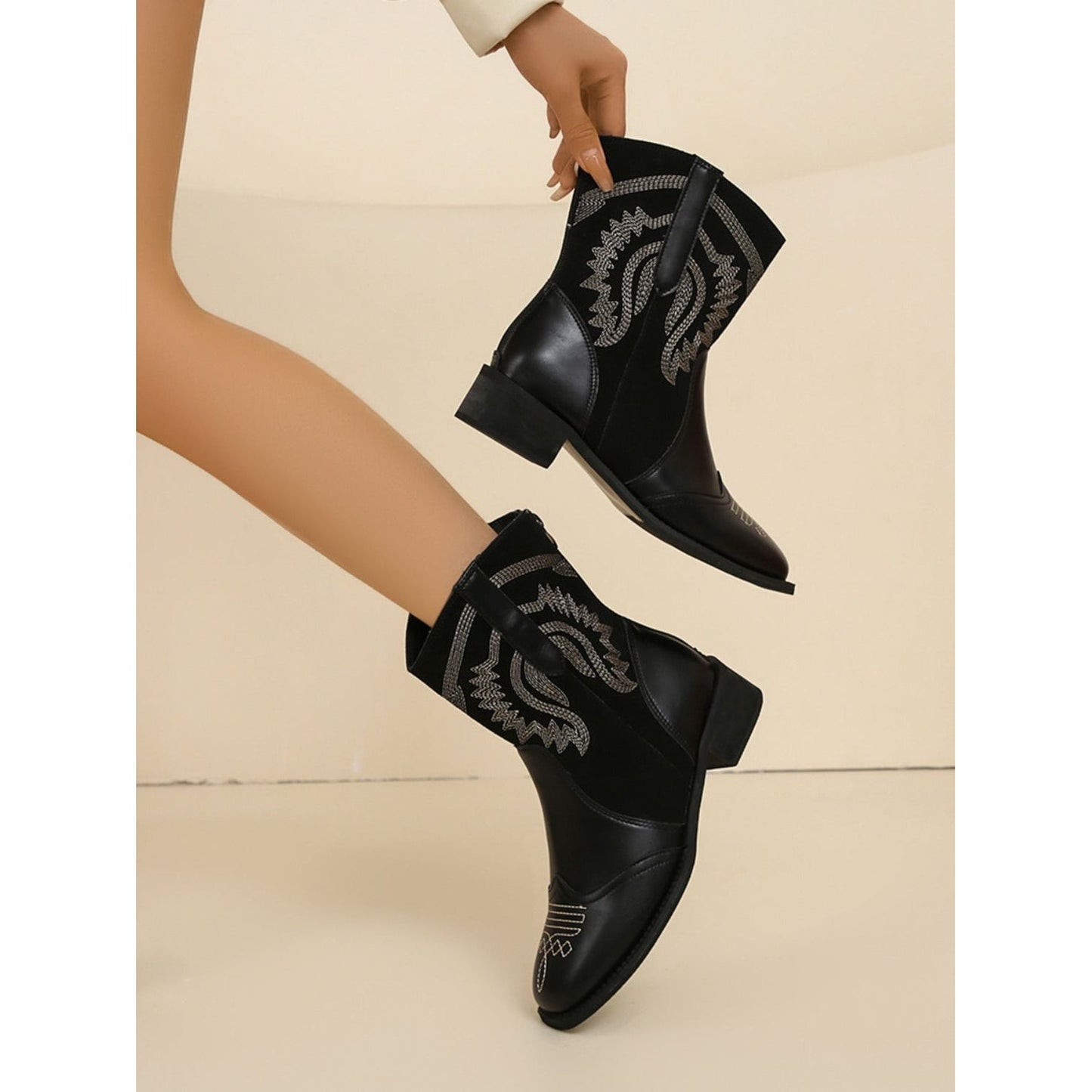 Embroidered PU Leather Block Heel Boots