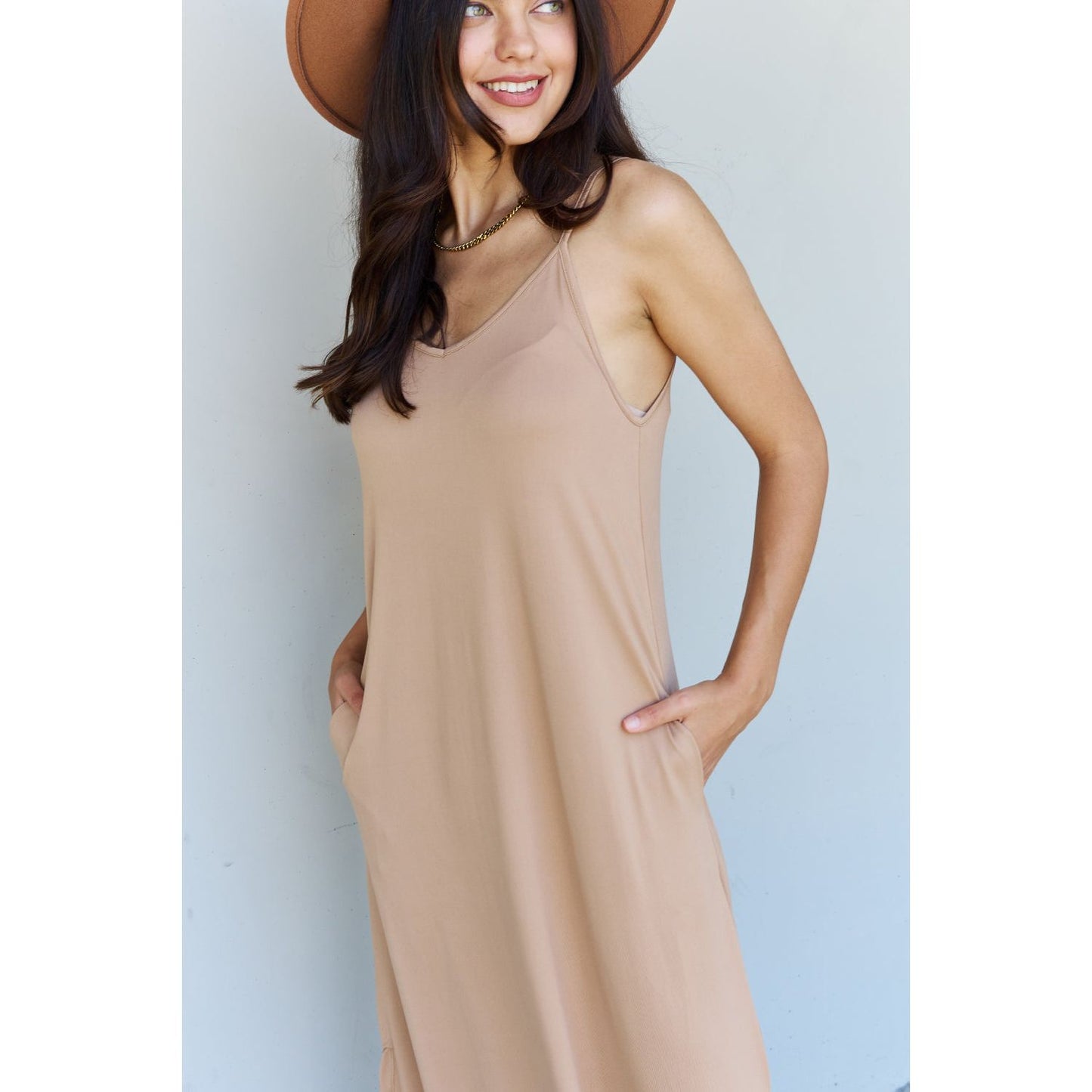 Ninexis Good Energy Full Size Cami Side Slit Maxi Dress in Camel