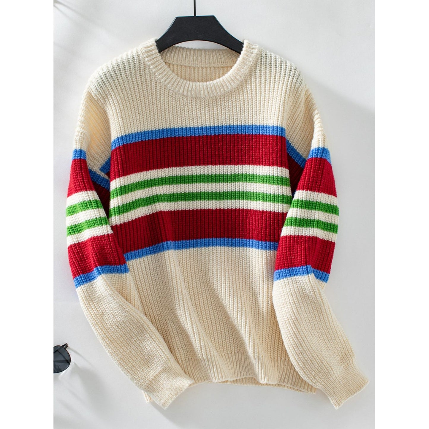 Contrast Stripes Round Neck Long Sleeve Sweater