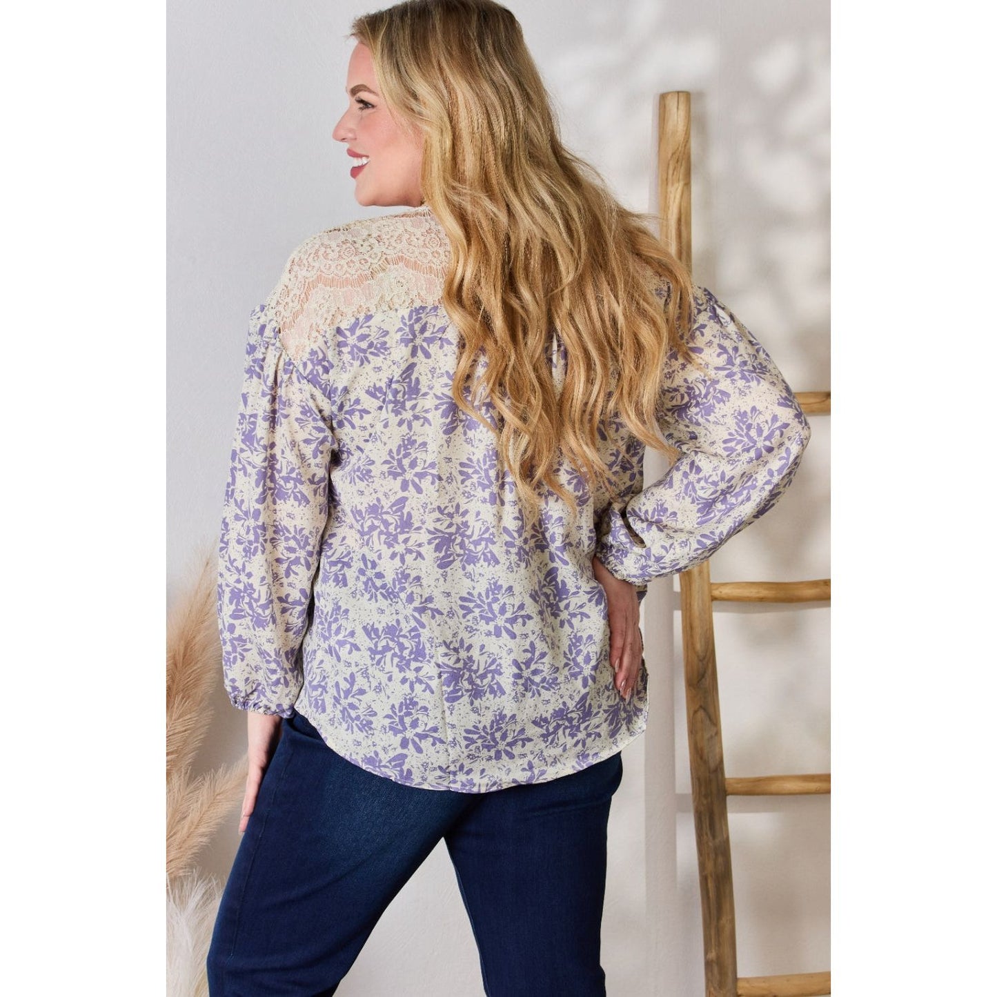 Hailey & Co Full Size Lace Detail Printed Blouse