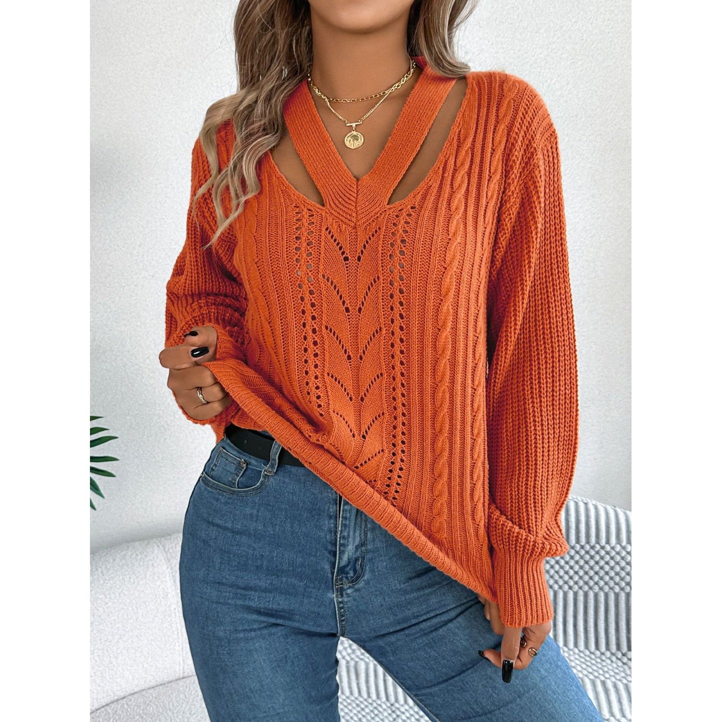 Cutout V-Neck Long Sleeve Sweater