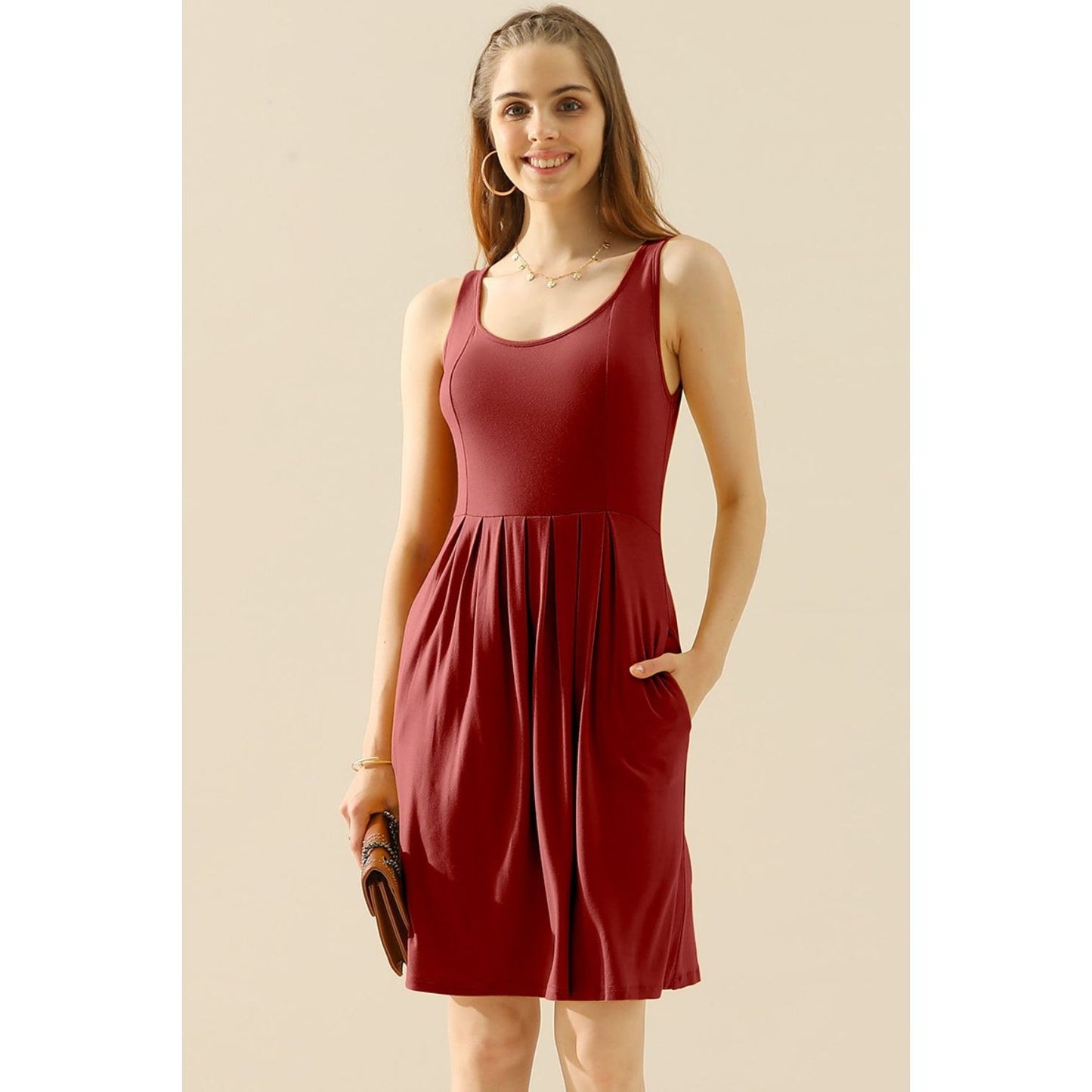 Doublju Full Size Round Neck Ruched Sleeveless Dress with Pockets