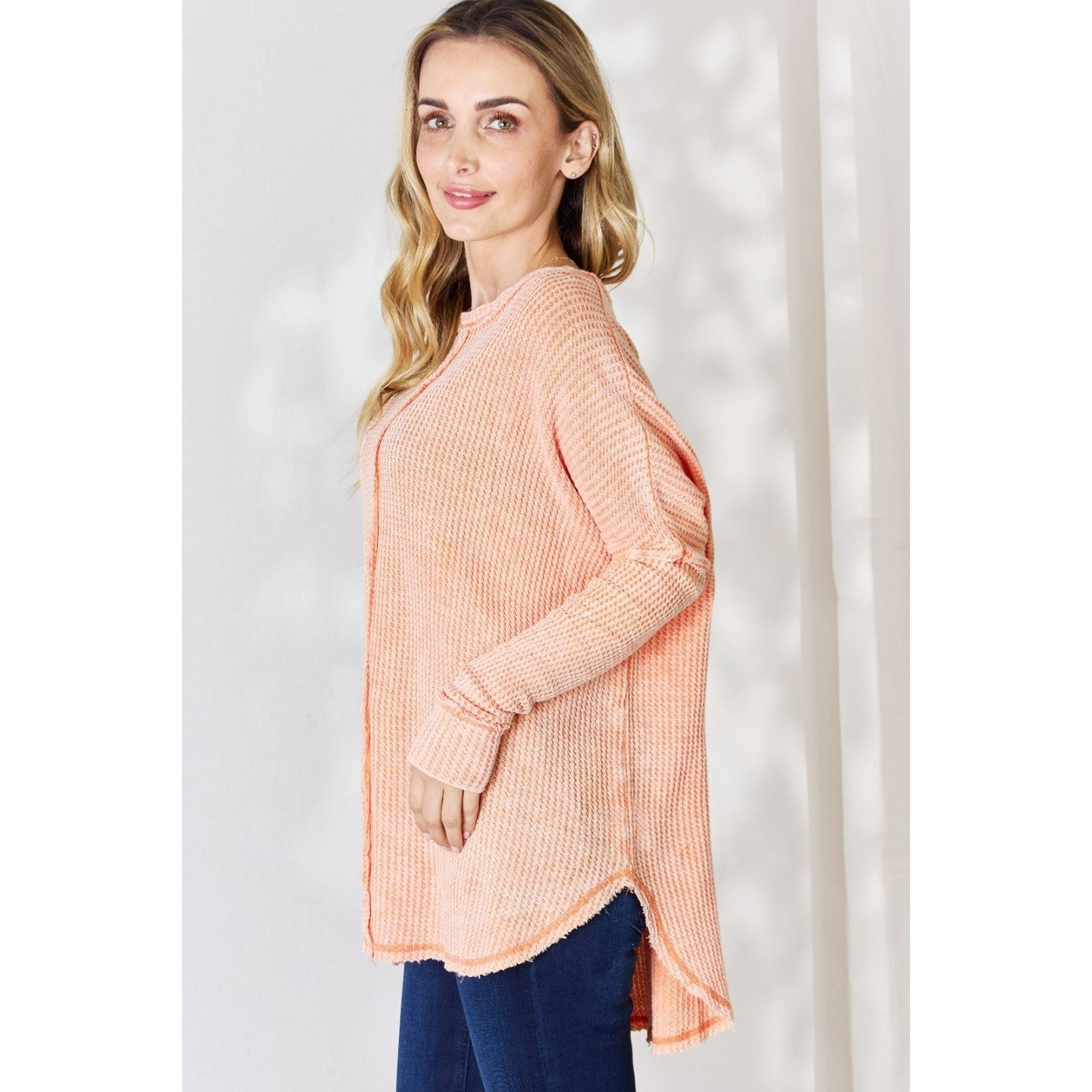 Zenana Oversized Washed Waffle Long Sleeve Top