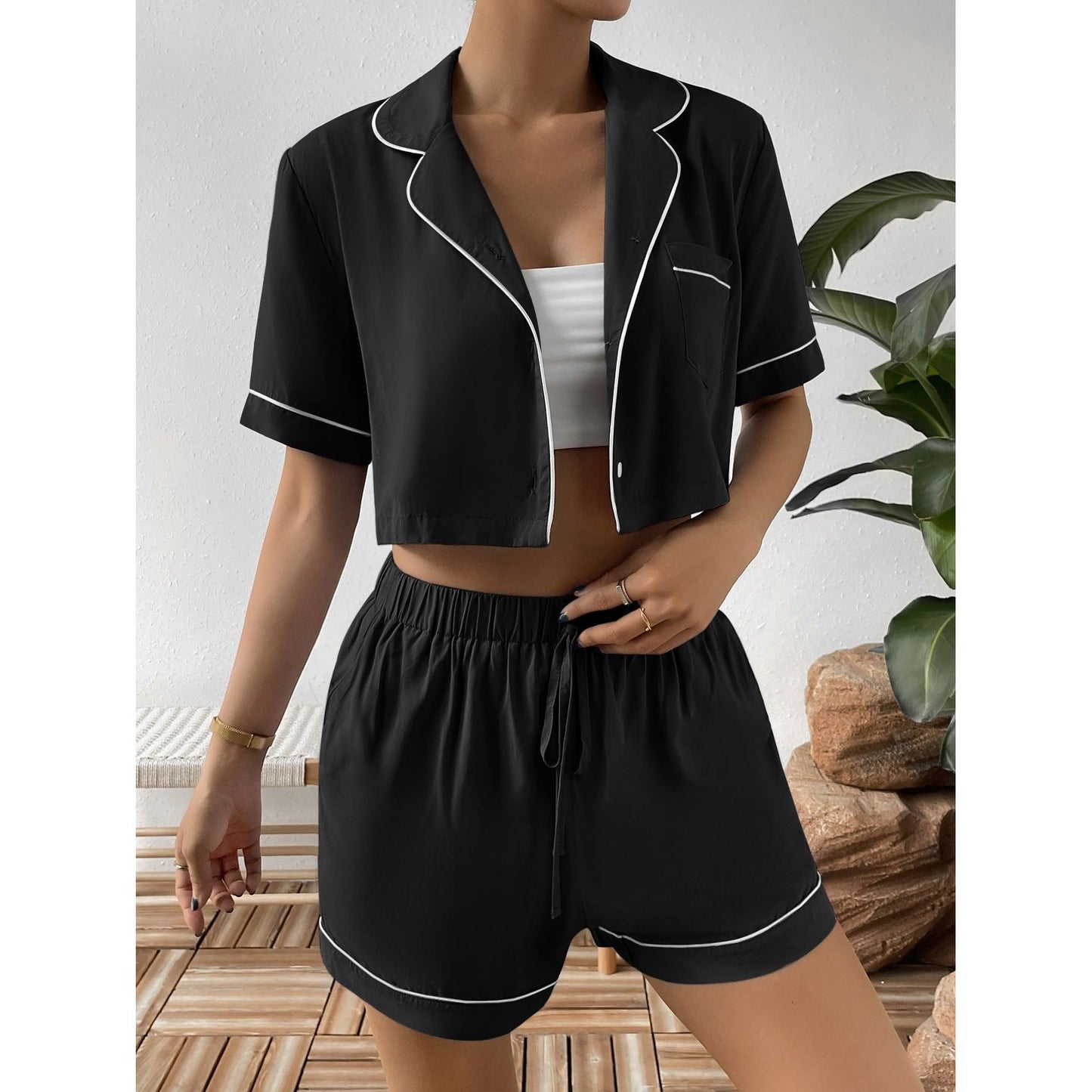 Ivy Lane Contrast Lapel Collar Cropped Shirt and Shorts Lounge Set