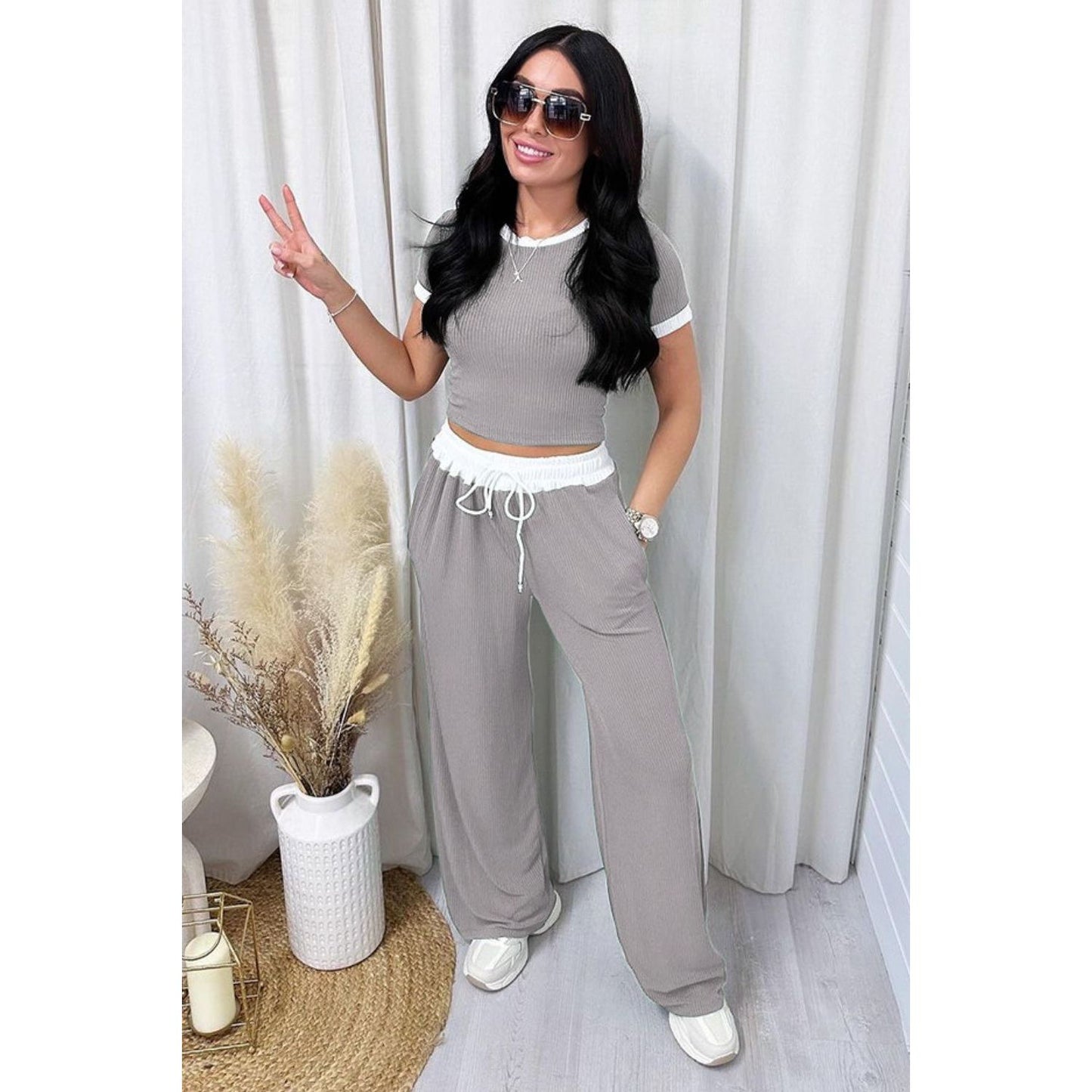 Contrast Trim Round Neck Top and Pants Set