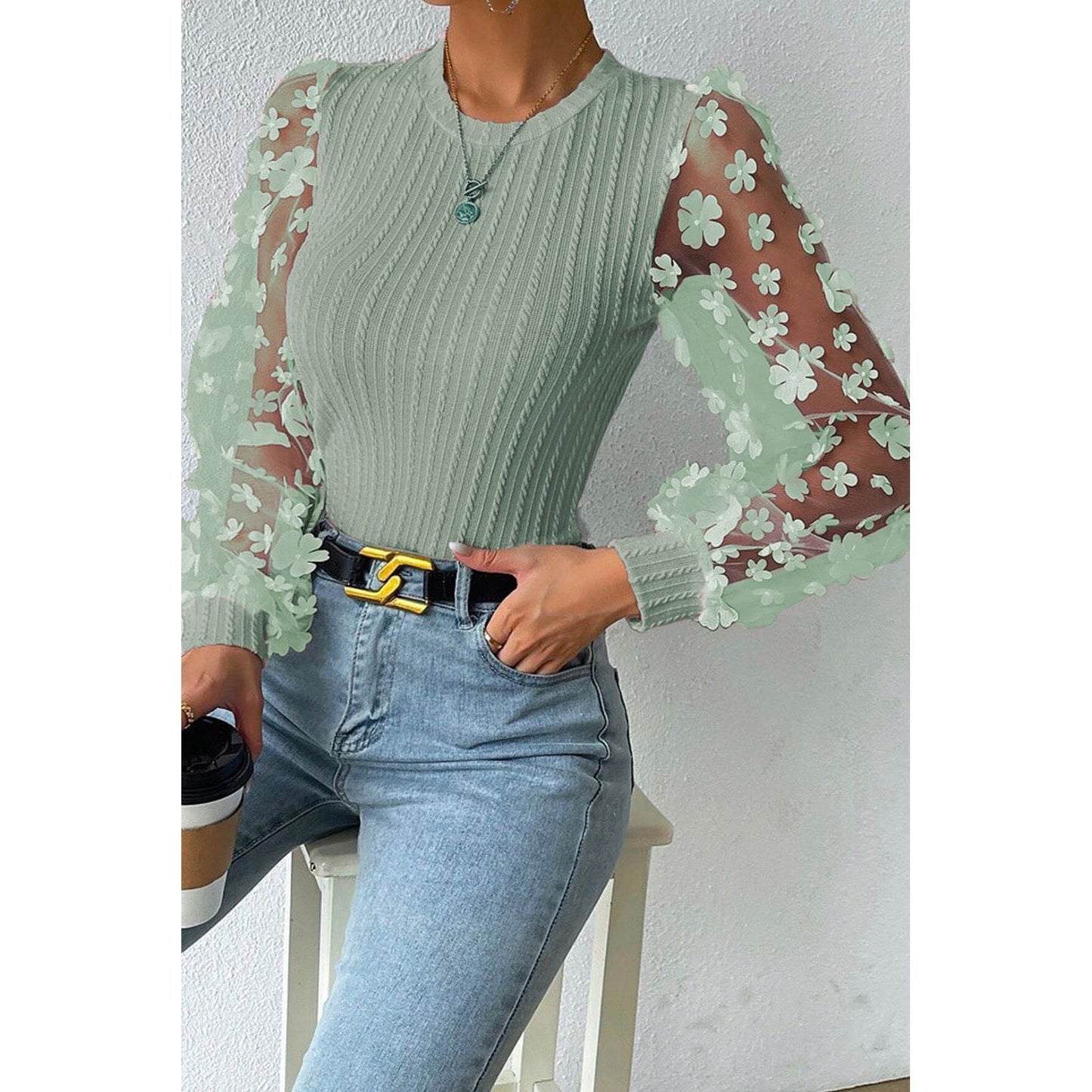 Double Take Textured Applique Long Sleeve Blouse