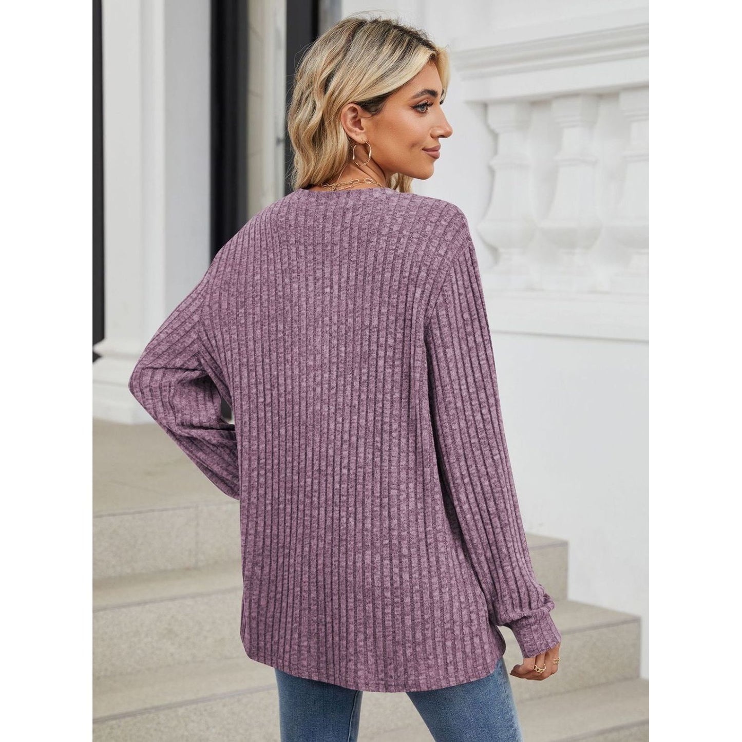 Ribbed Notched Long Sleeve T-Shirt