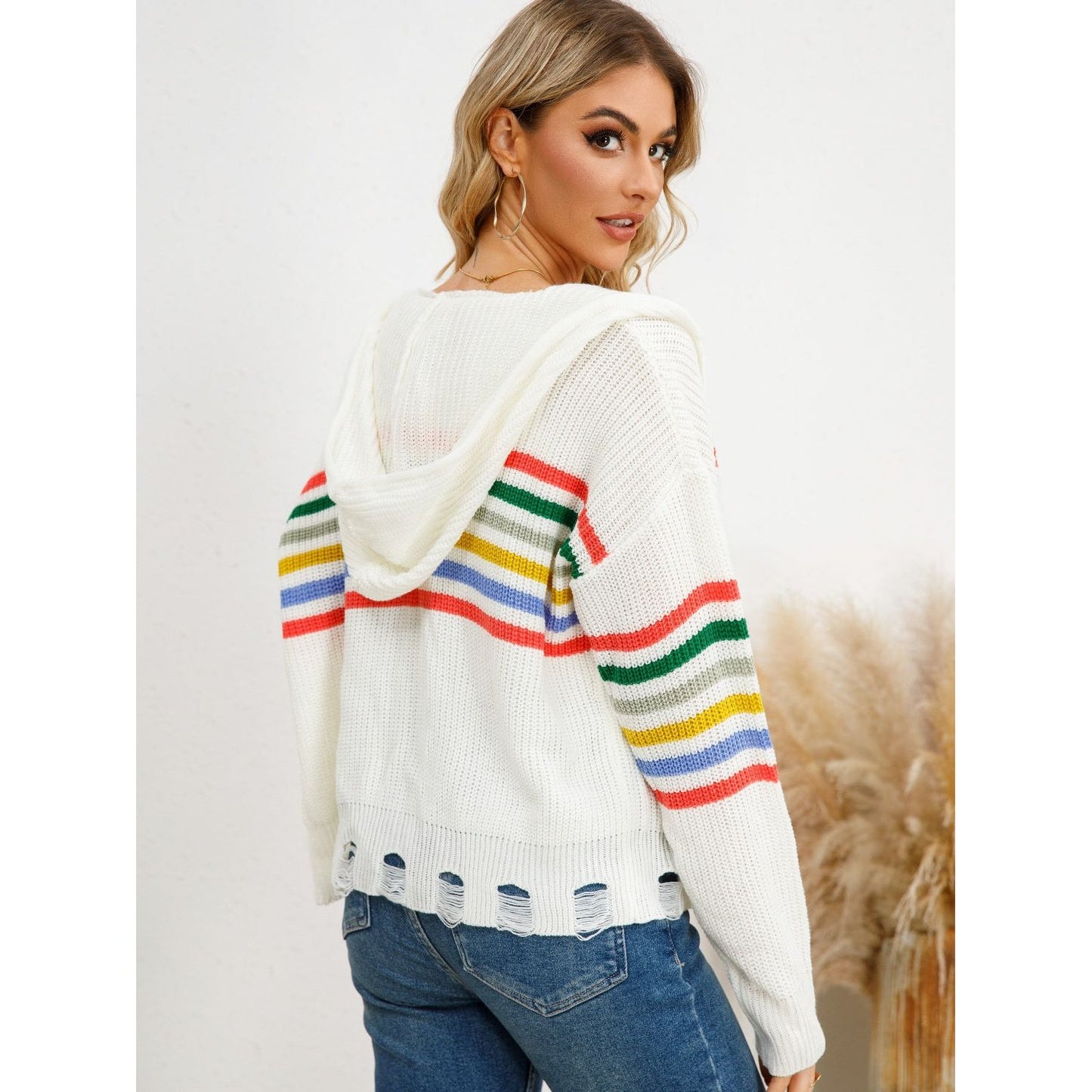 Drawstring Striped Dropped Shoulder Hooded Cardigan