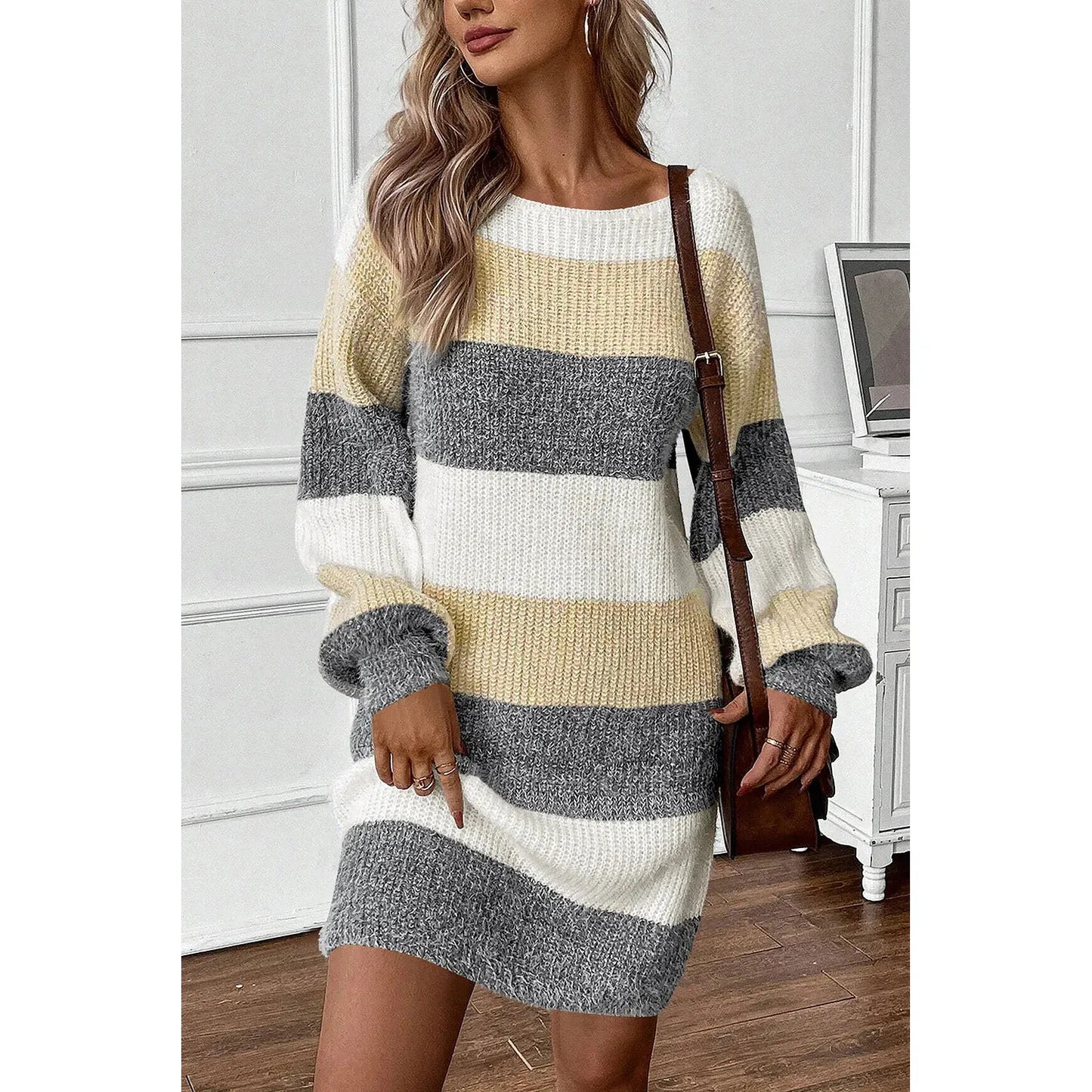 Color Block Boat Neck Long Sleeve Sweater Dress