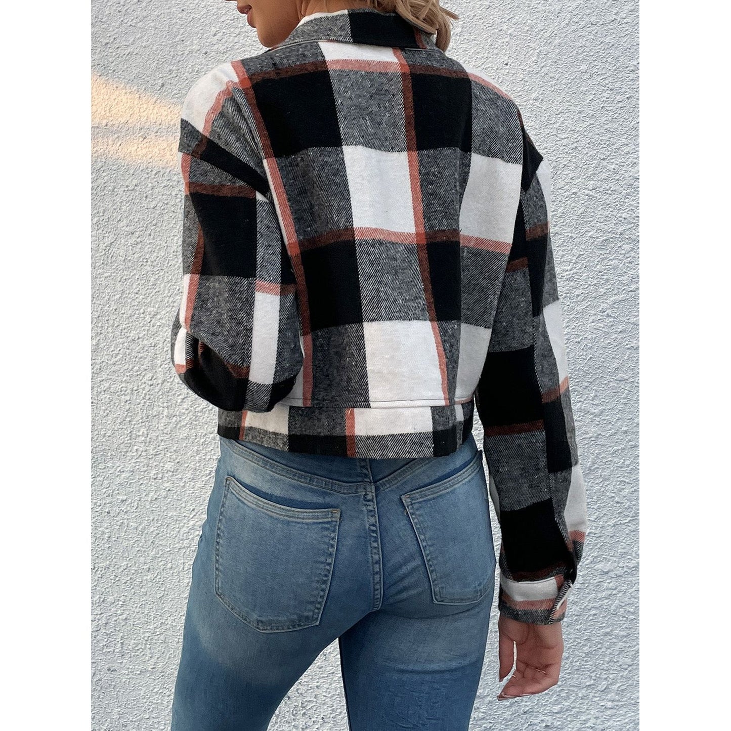 Perfee Plaid Button Up Drop Shoulder Cropped Jacket