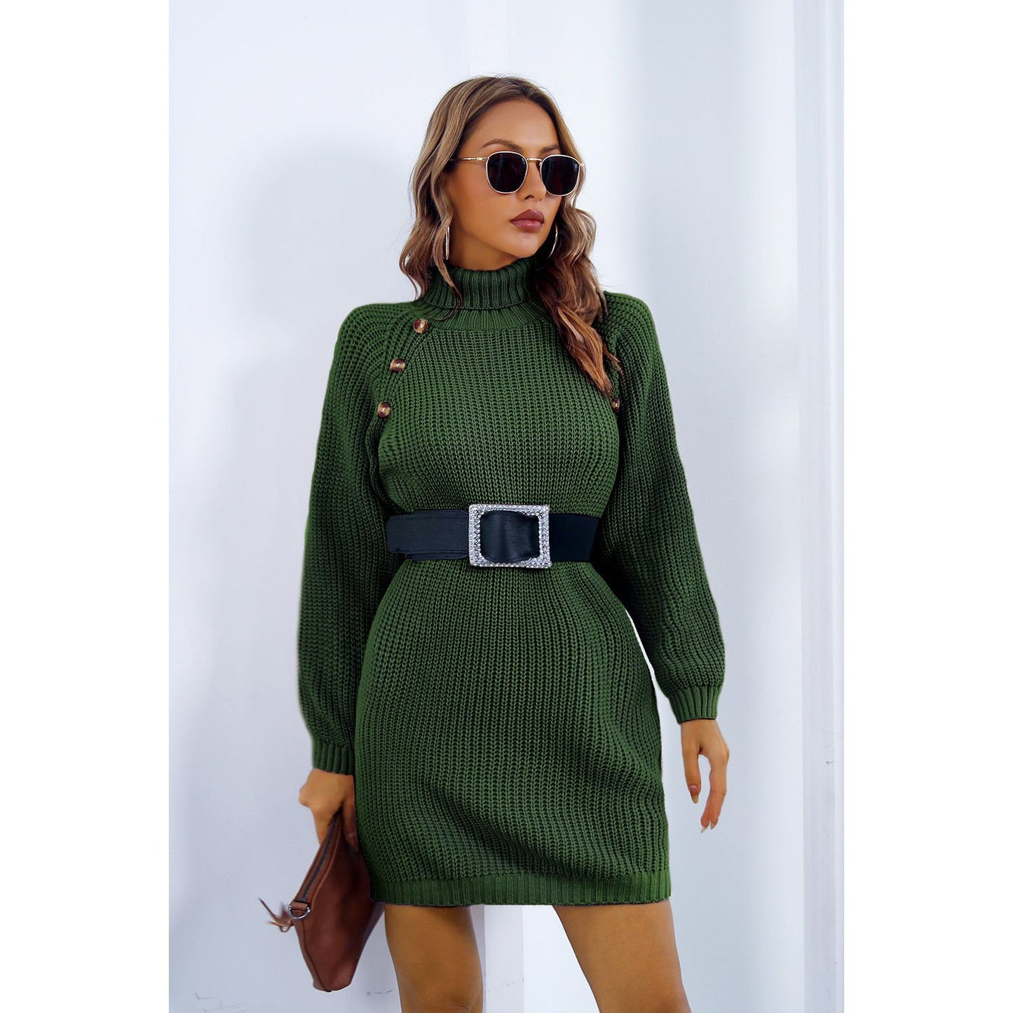 Buttoned Turtleneck Long Sleeve Sweater Dress