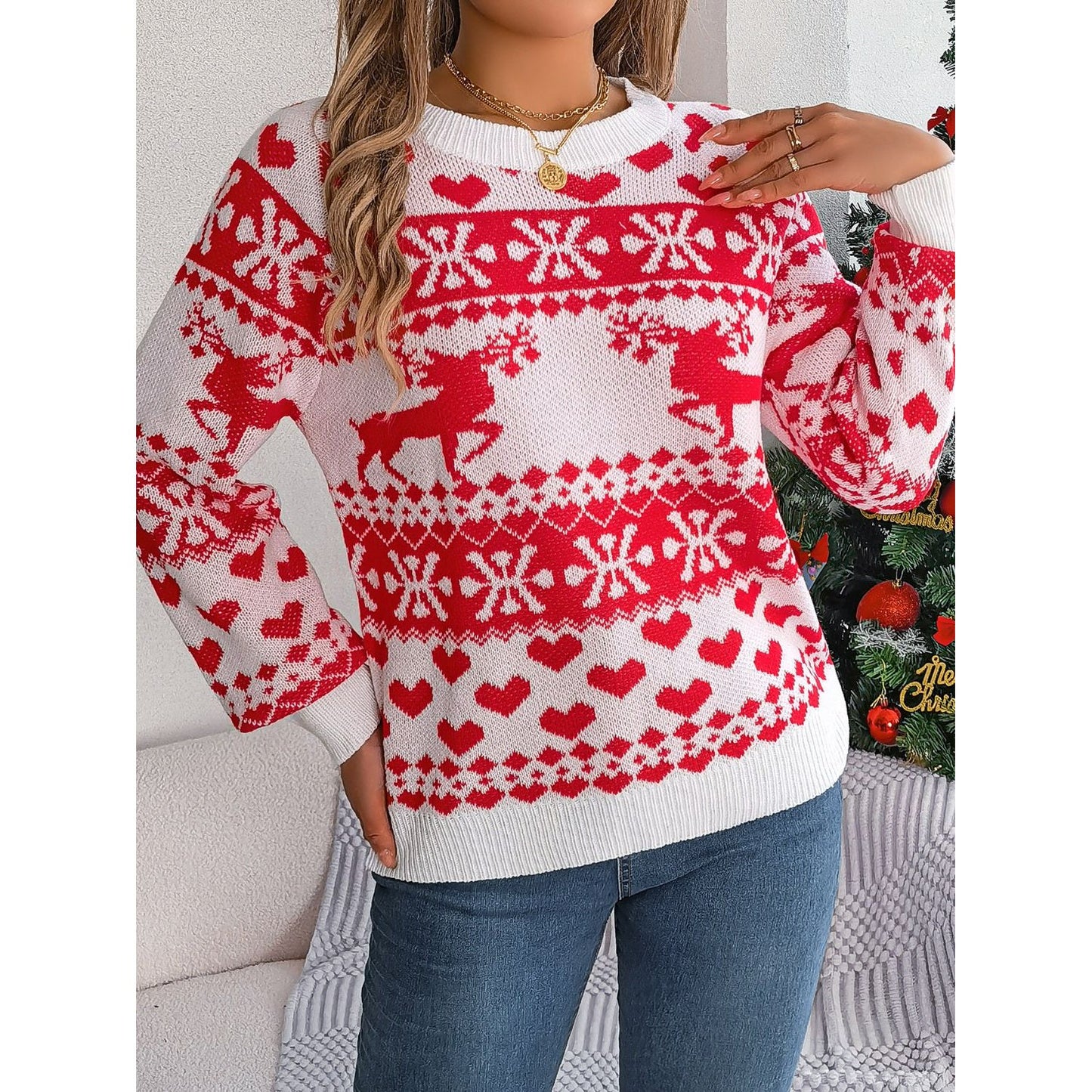 Christmas Element Round Neck Long Sleeve Sweater