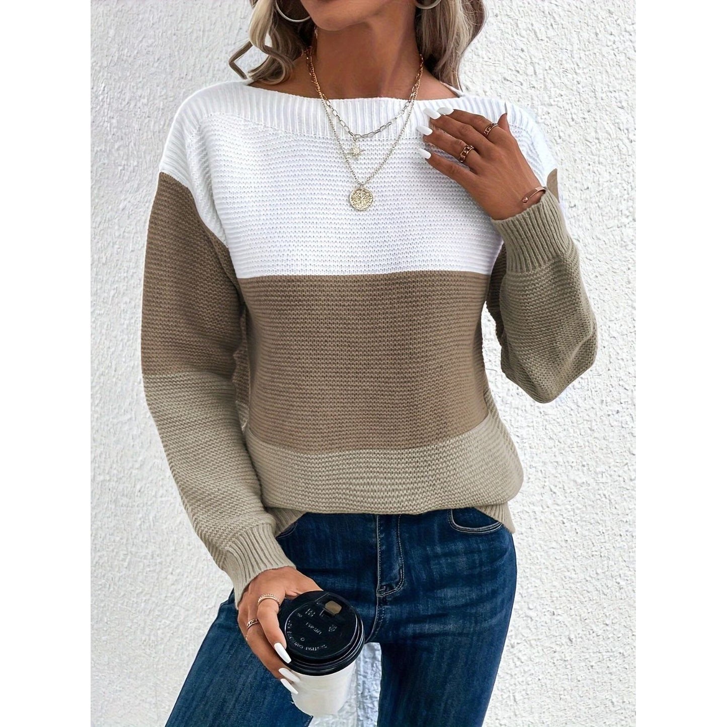 Color Block Boat Neck Sweater