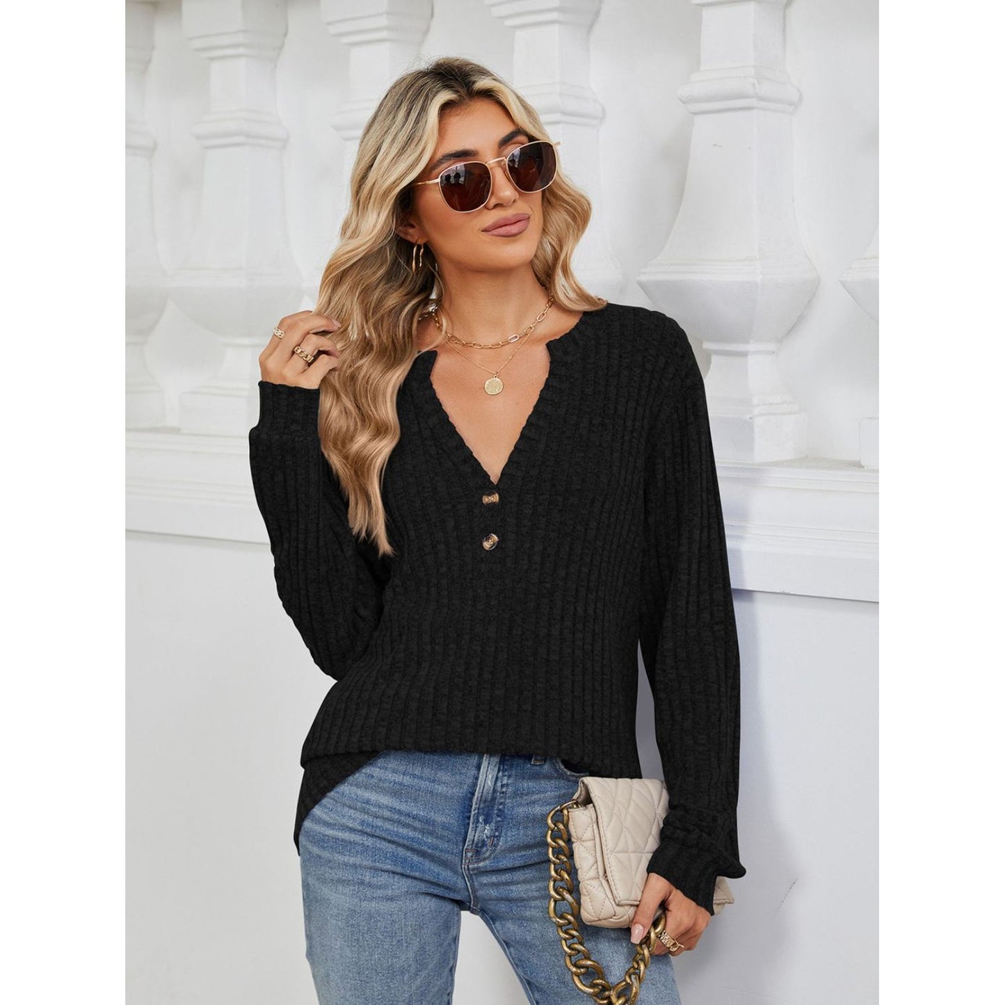 Ribbed Notched Long Sleeve T-Shirt