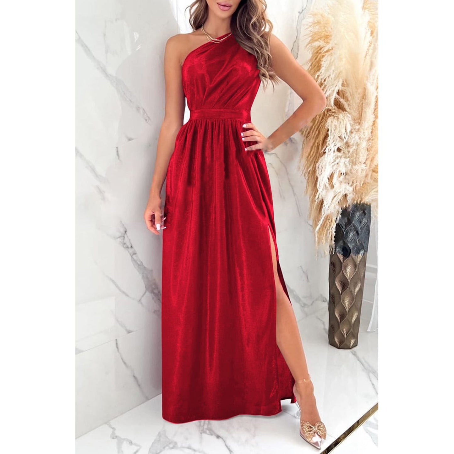 One Shoulder Slit Ruched Maxi Dress