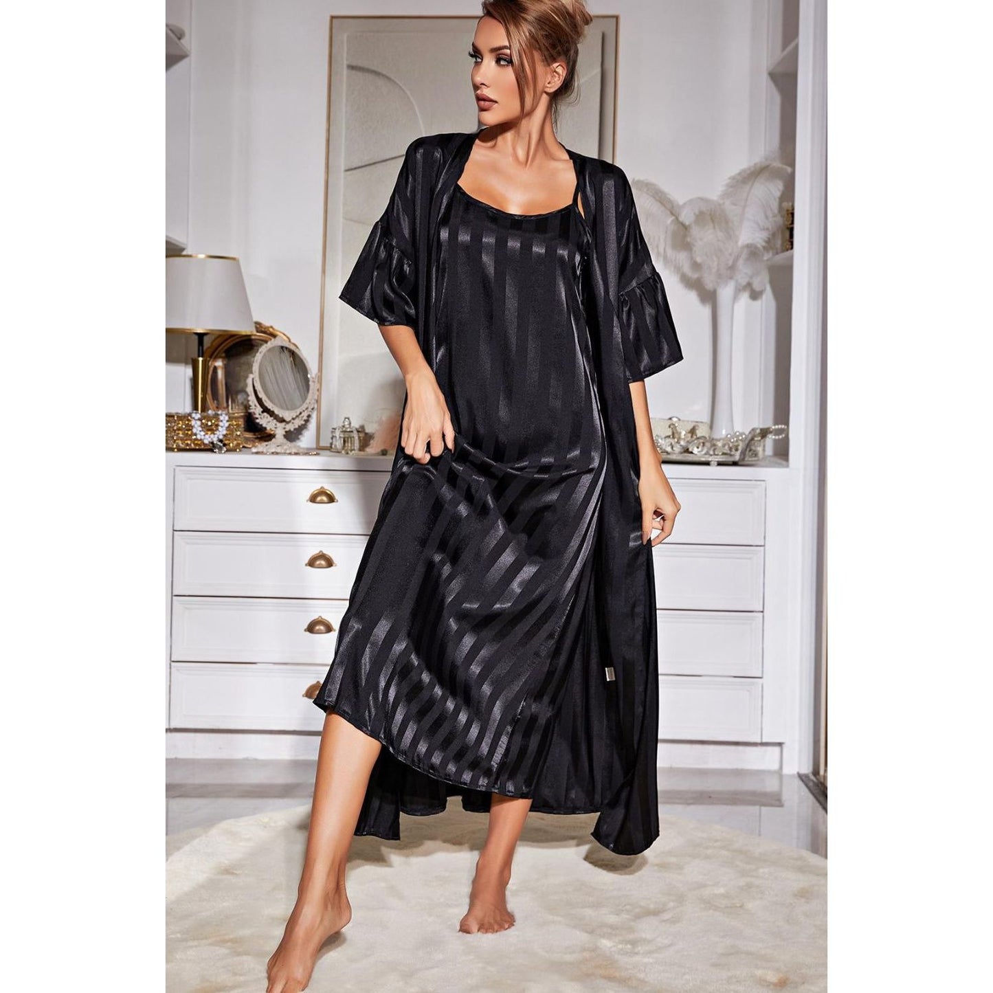 Striped Flounce Sleeve Open Front Robe and Cami Dress Set