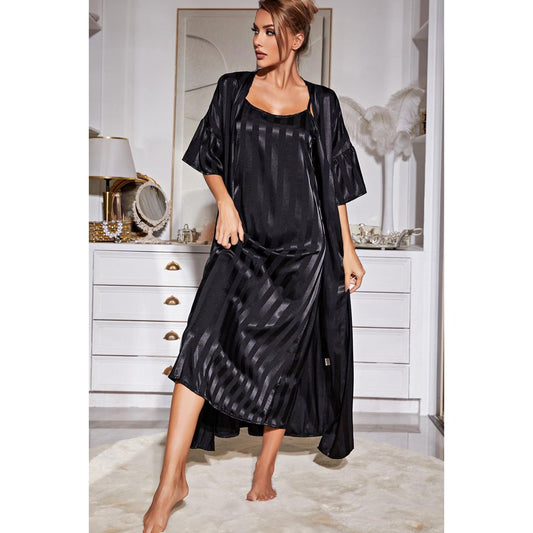 Striped Flounce Sleeve Open Front Robe and Cami Dress Set