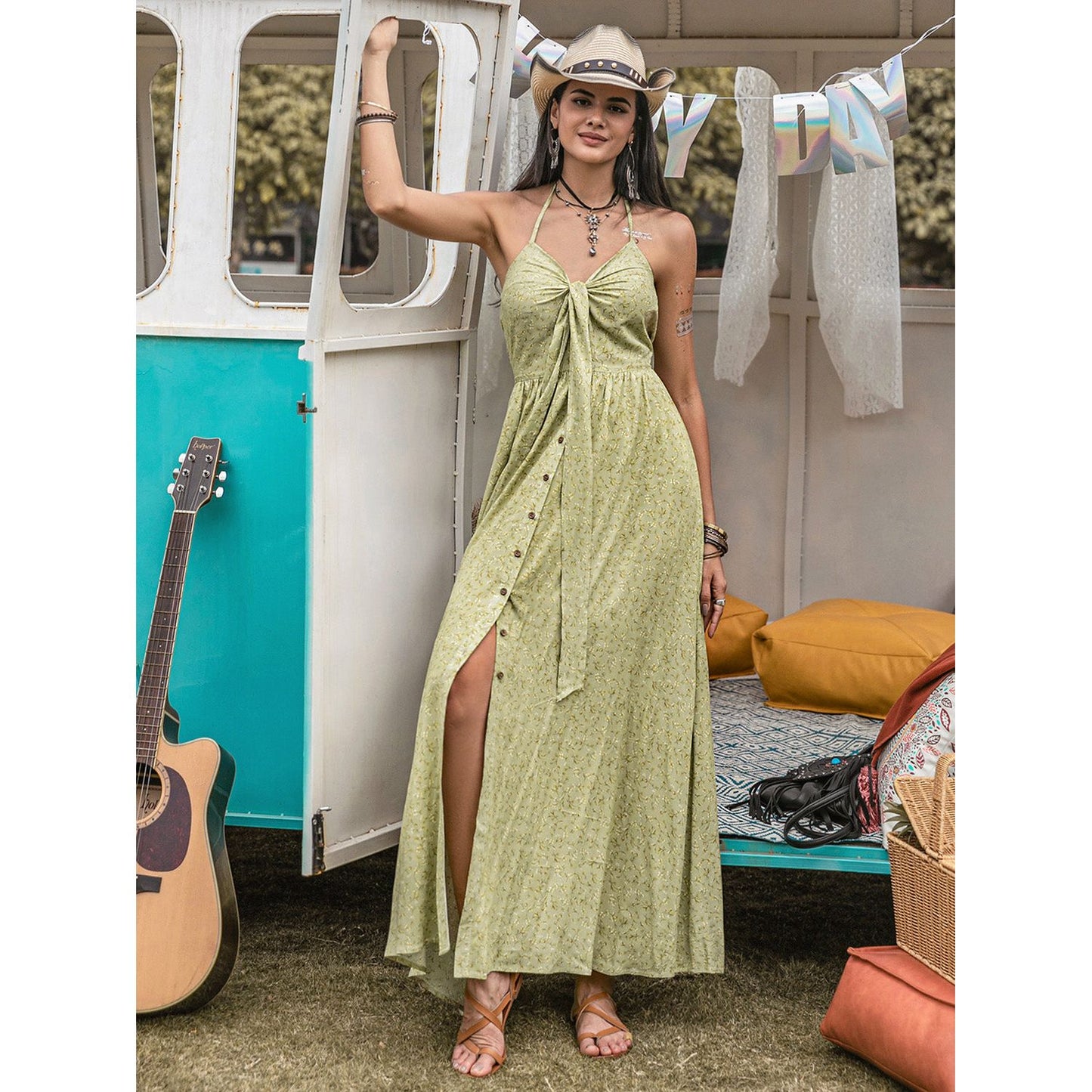 Printed Halter Neck Maxi Dress