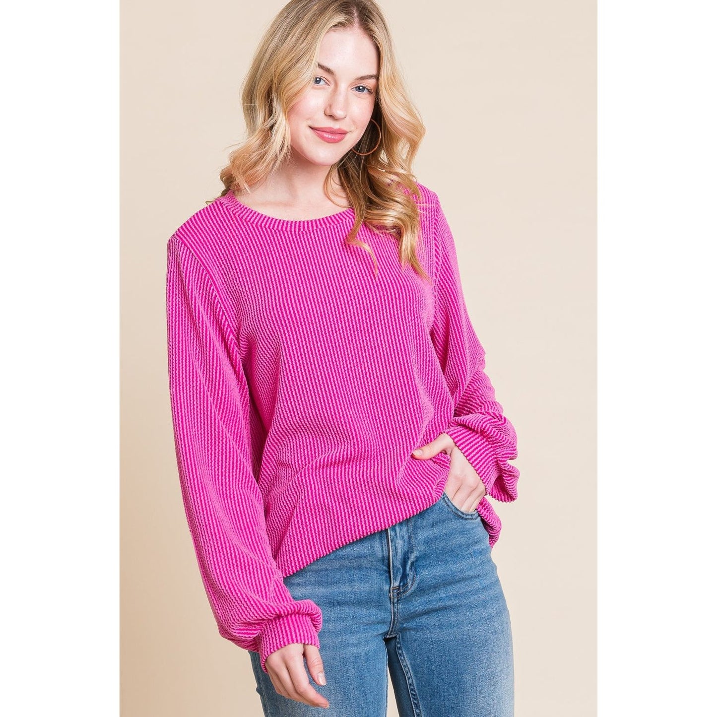 BOMBOM Long Sleeve Curved Hem Ribbed T-Shirt