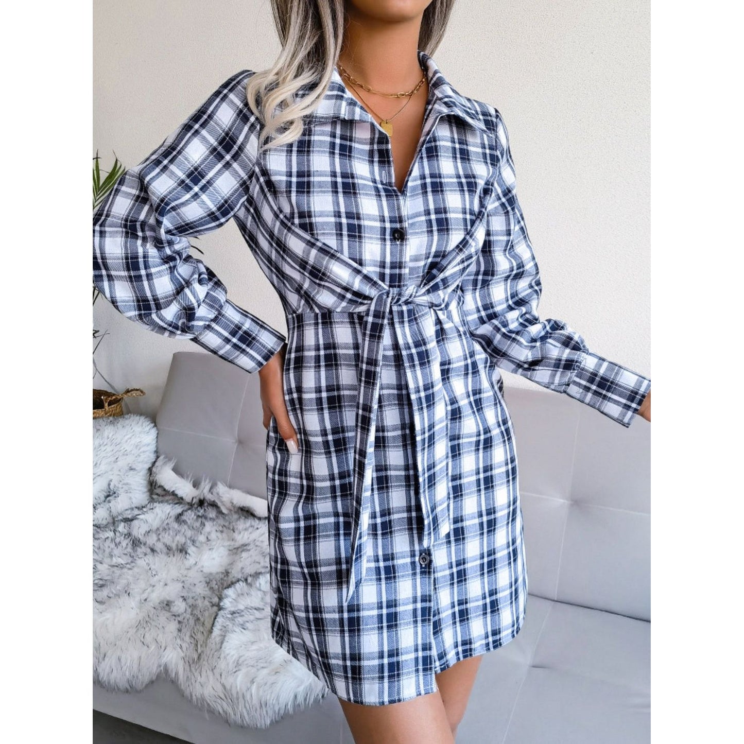 Tied Plaid Long Sleeve Mini Shirt Dress