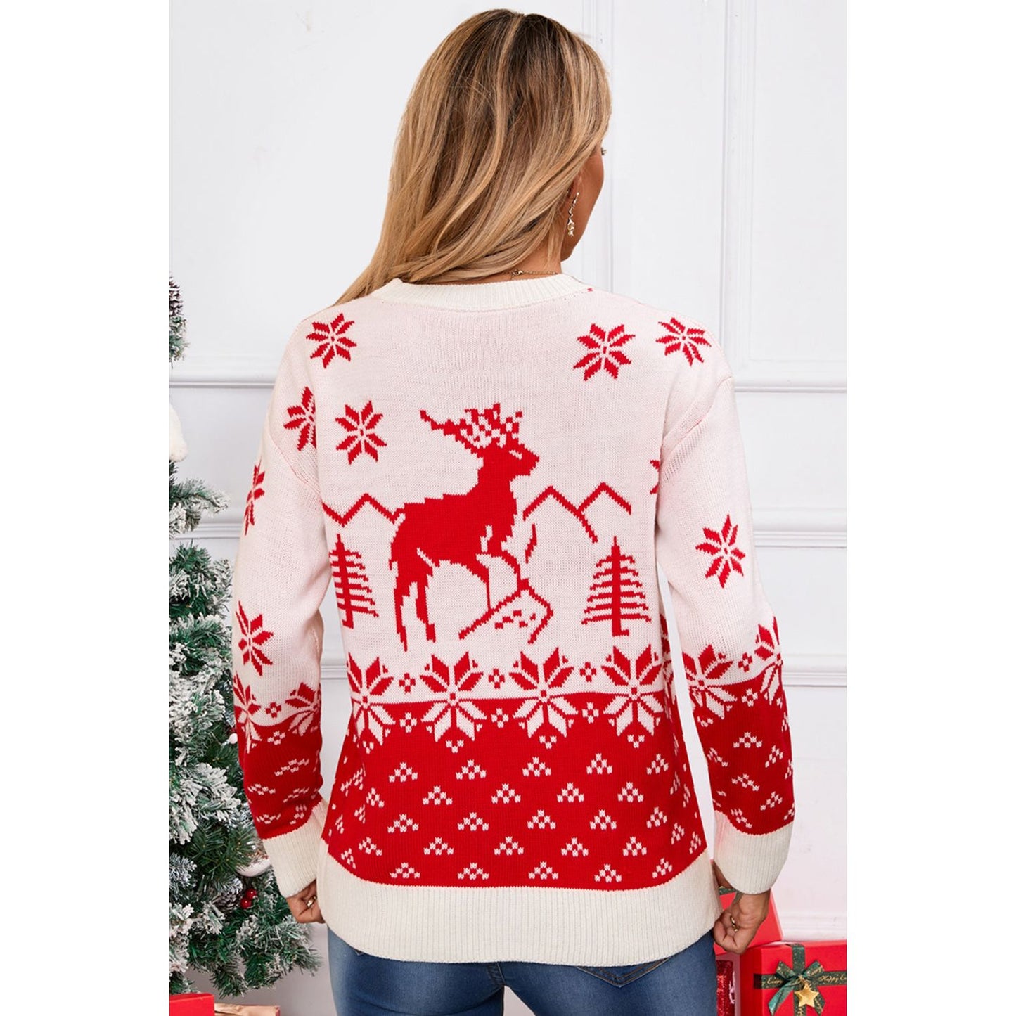 Angel Wings Deer Pattern Round Neck Long Sleeve Sweater