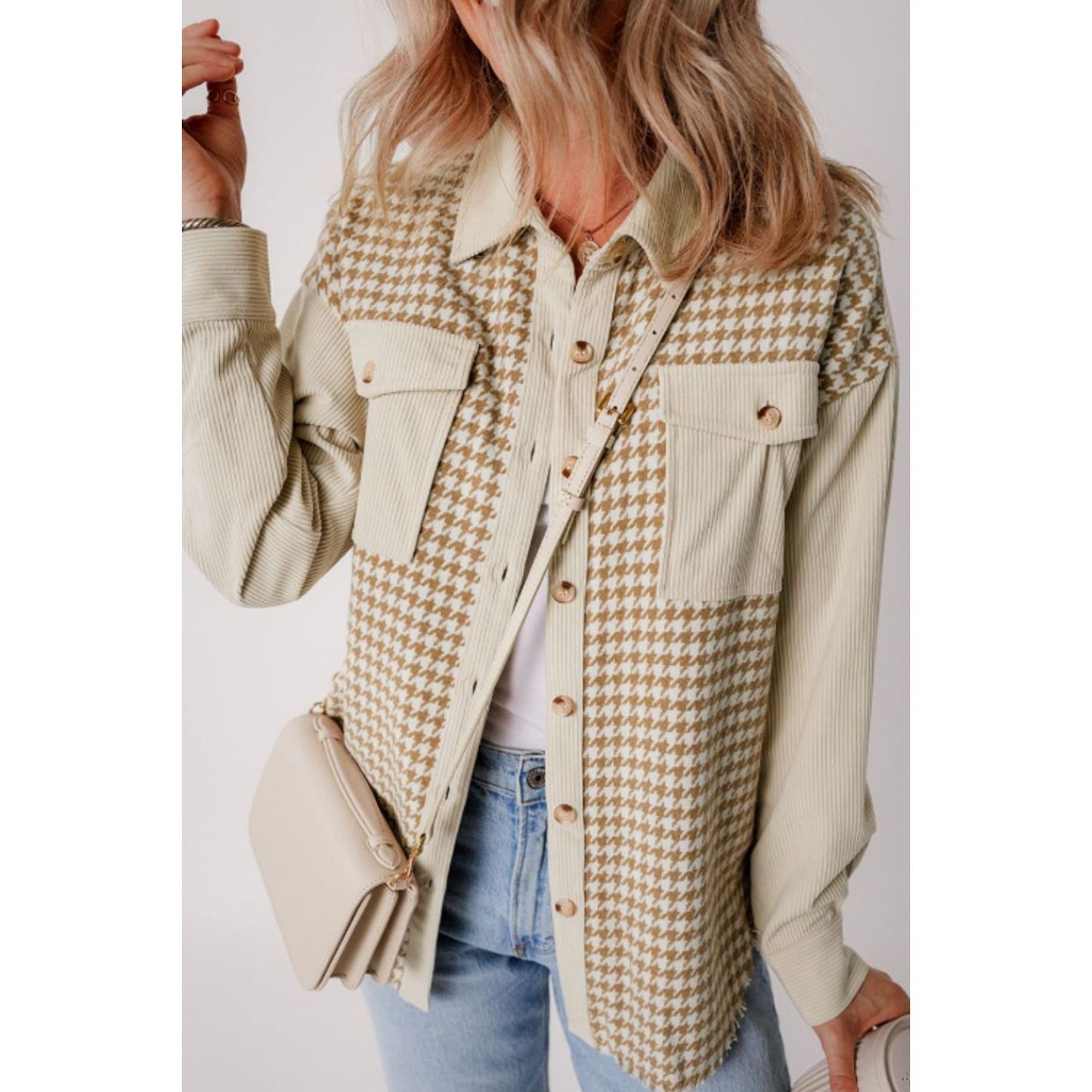 Houndstooth Button Up Long Sleeve Jacket