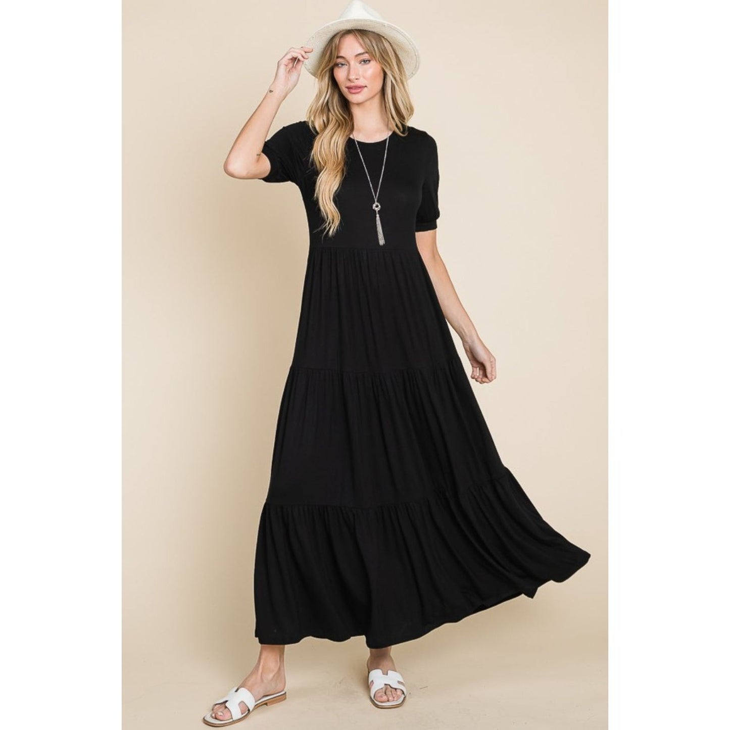 BOMBOM Short Sleeve Tiered Maxi Dress