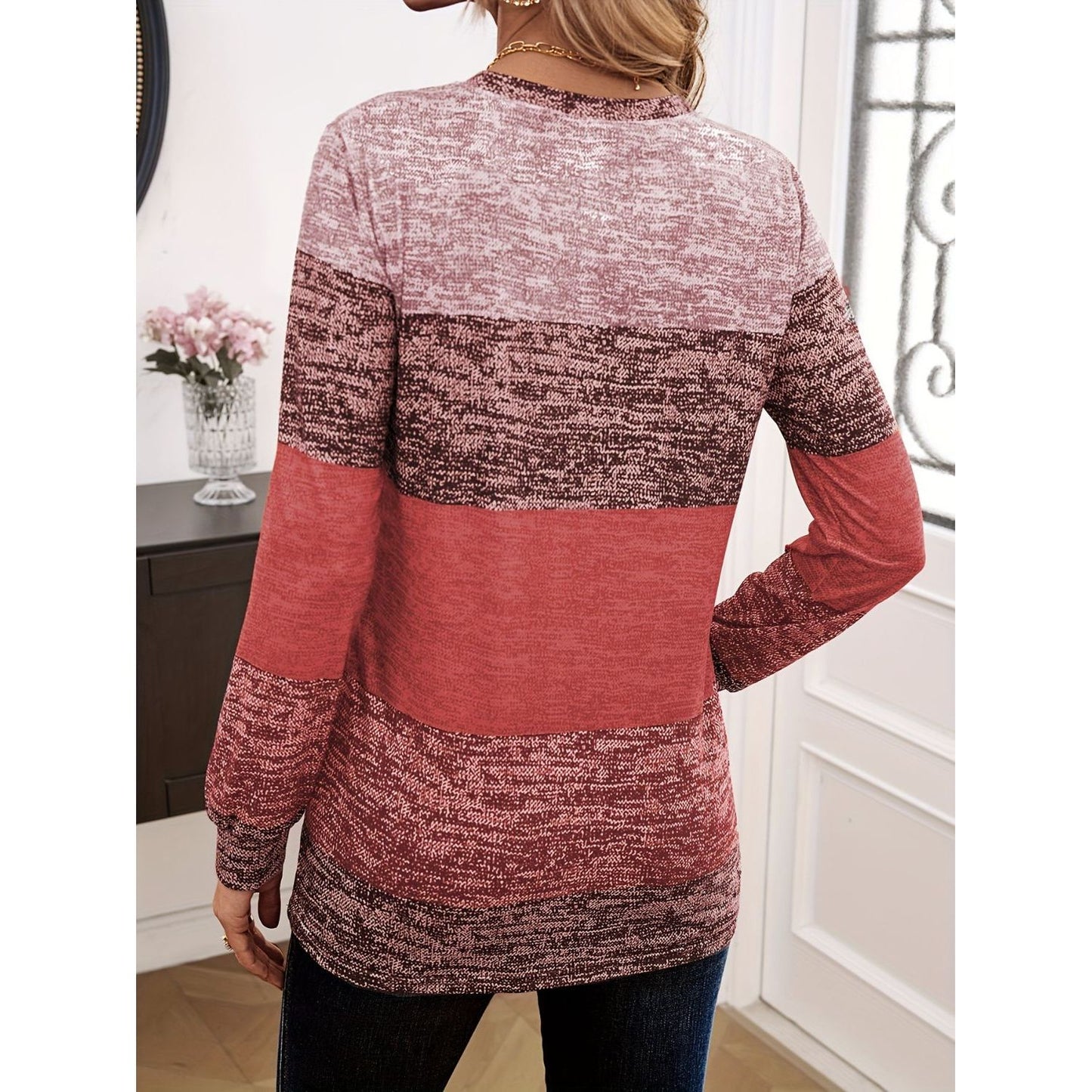 Decorative Button Contrast Round Neck Long Sleeve T-Shirt