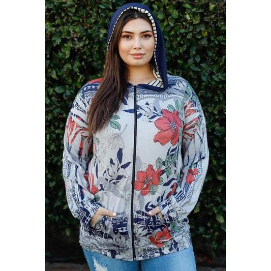 Blumin Apparel Full Size Floral Zip Up Hoodie