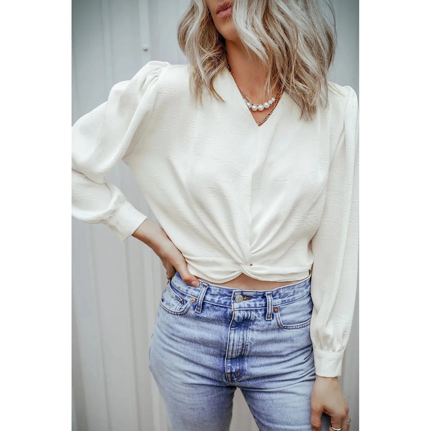 Textured V-Neck Long Sleeve Blouse