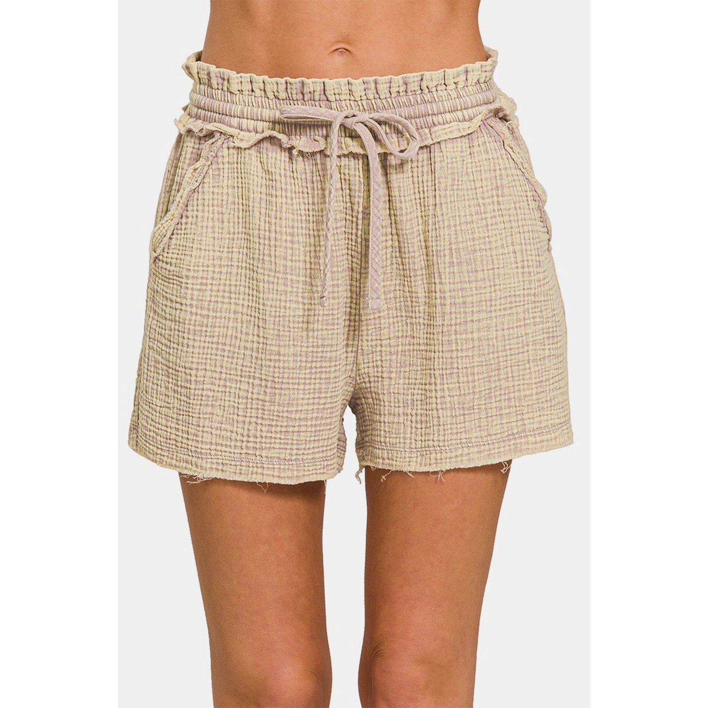 Zenana Washed Frayed Hem Drawstring Shorts