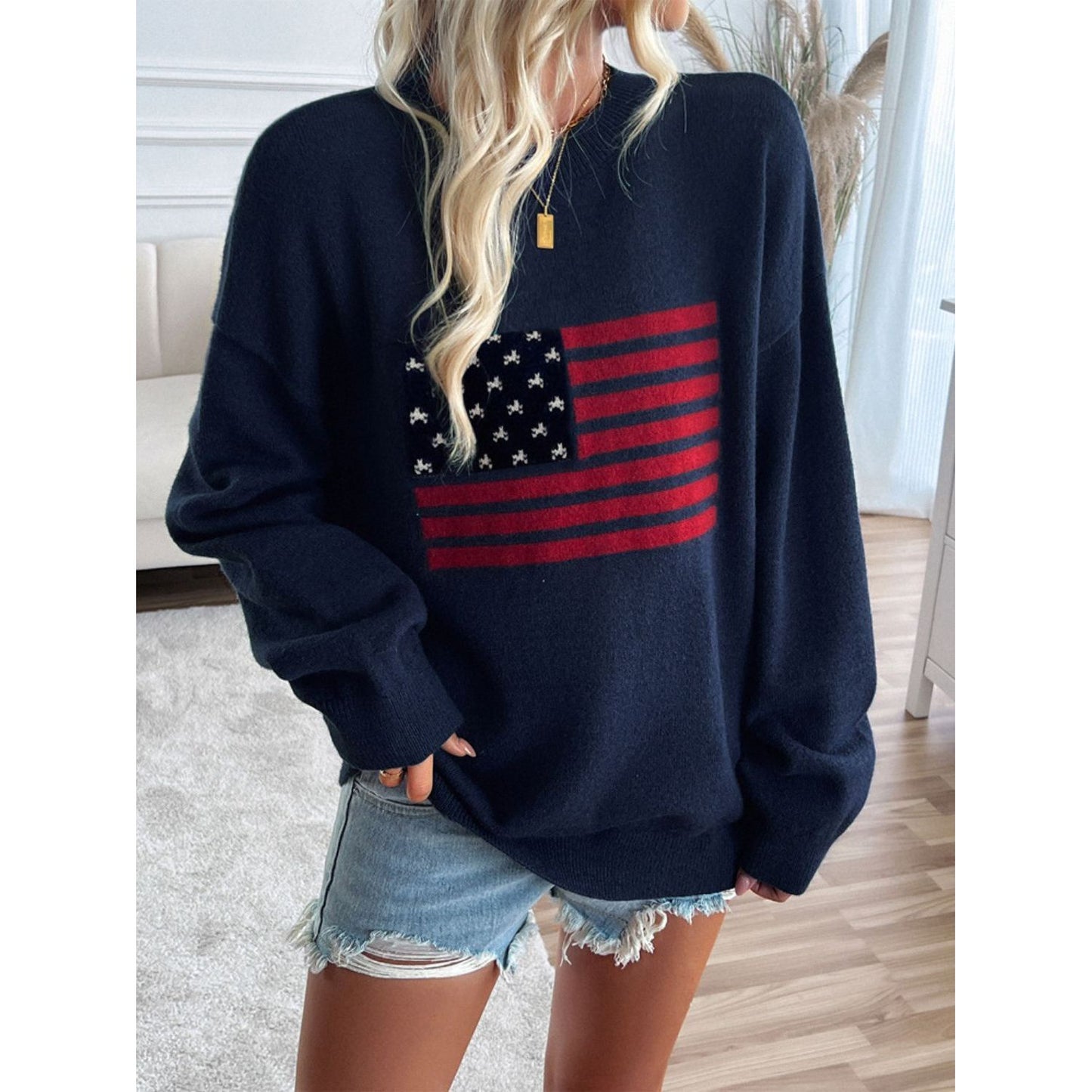 Devine US Flag Round Neck Long Sleeve Knit Top