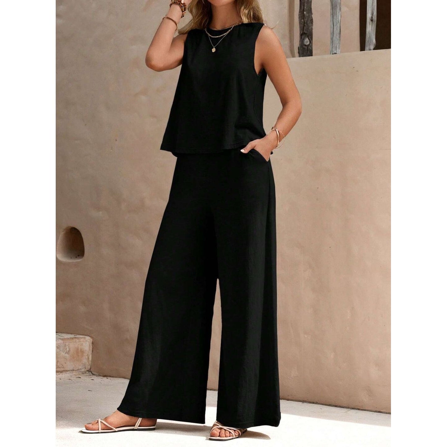 Round Neck Sleeveless Top and Wide Leg Pants Set