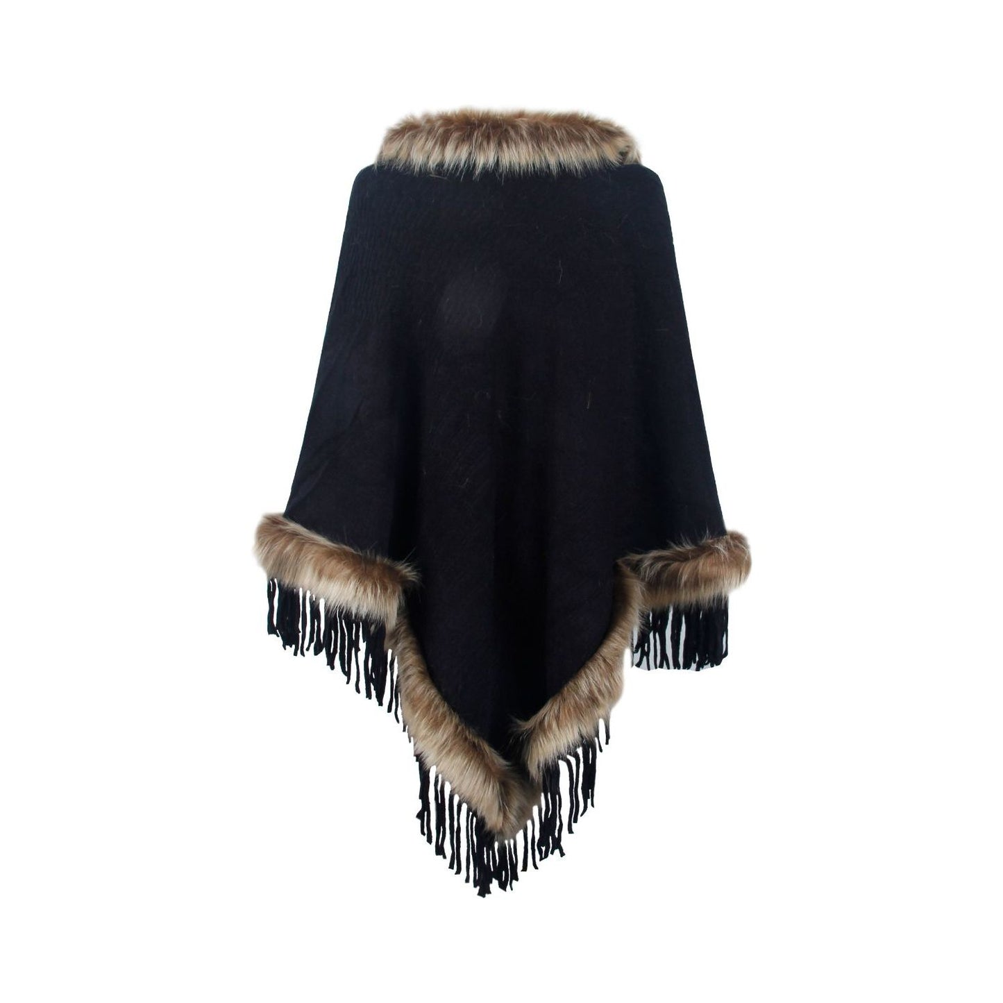 Faux Fur Trim Fringed Poncho