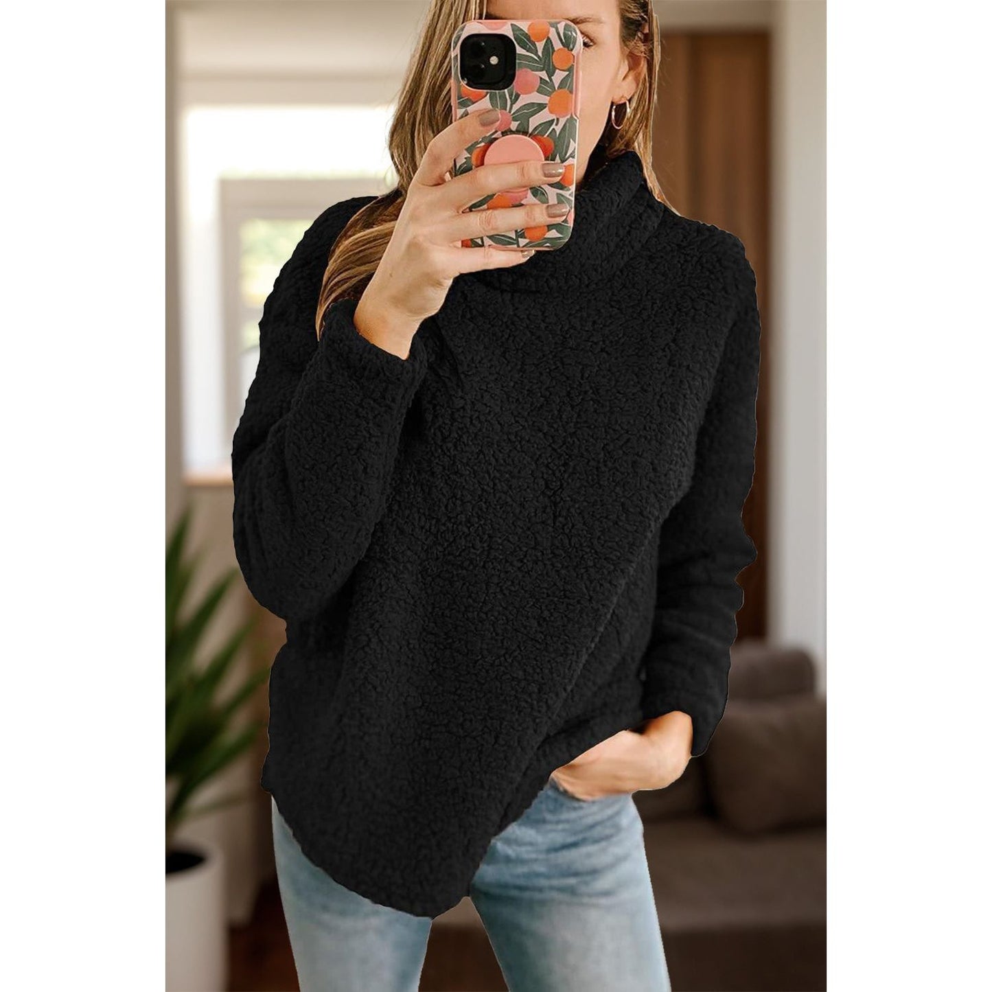 Fuzzy Turtleneck Long Sleeve Sweatshirt