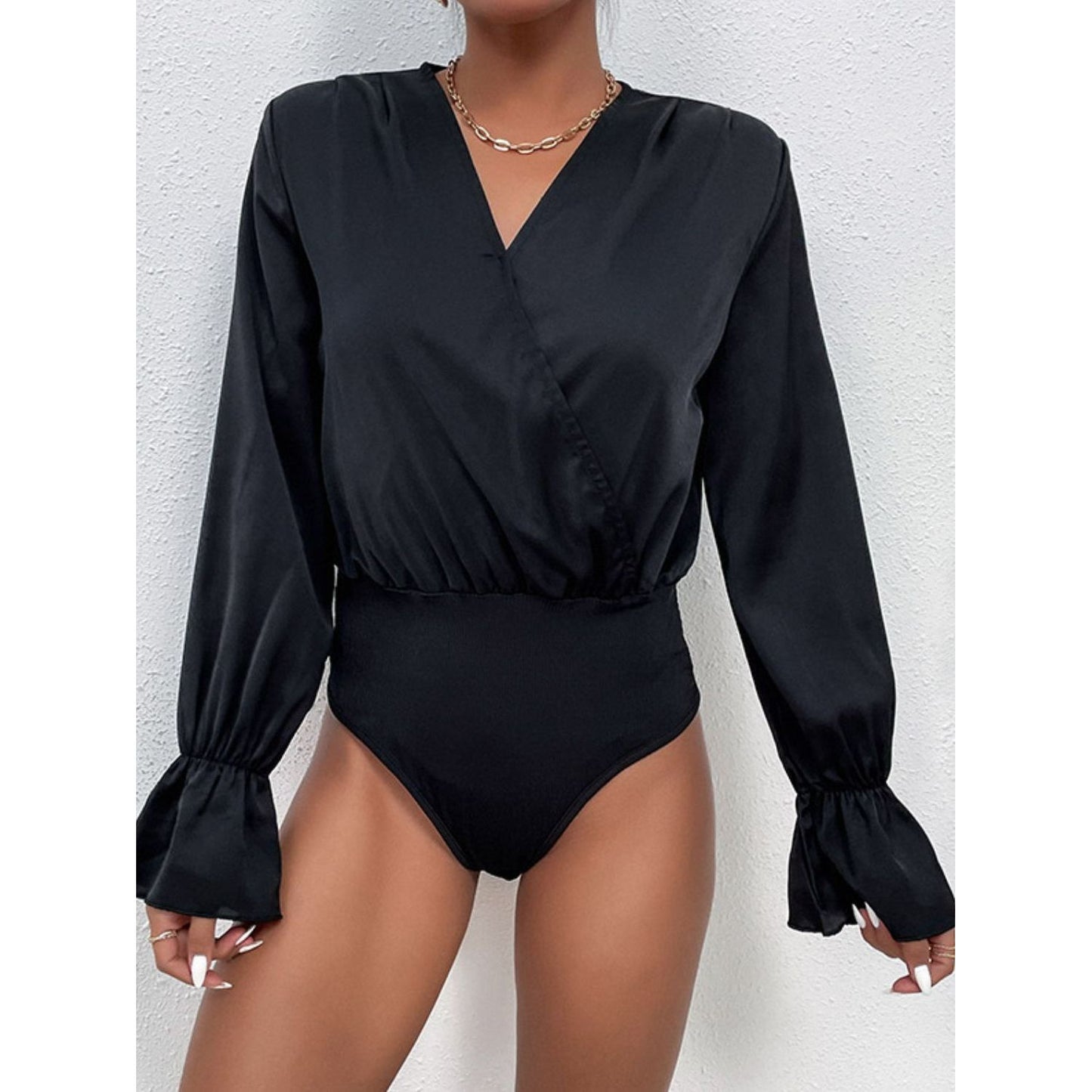 Perfee Surplice Neck Flounce Sleeve Bodysuit