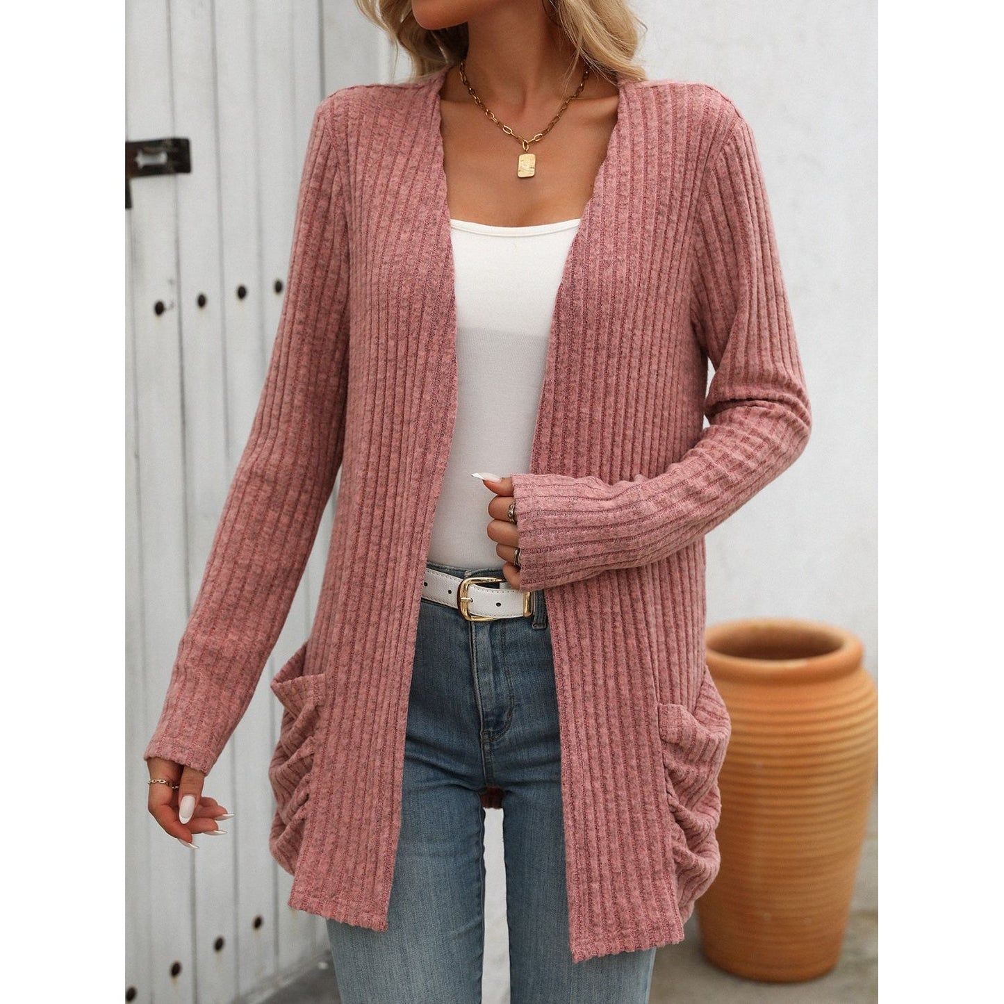 Open Front Long Sleeve Ribbed Cardigan