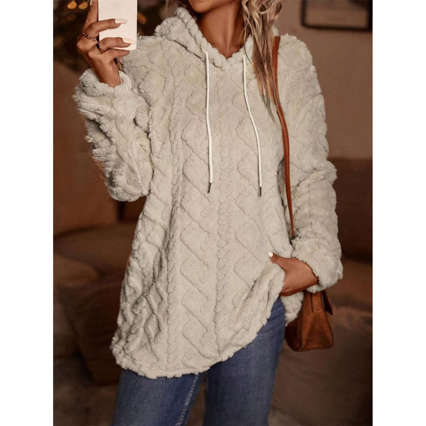 Drawstring Long Sleeve Plush Hoodie