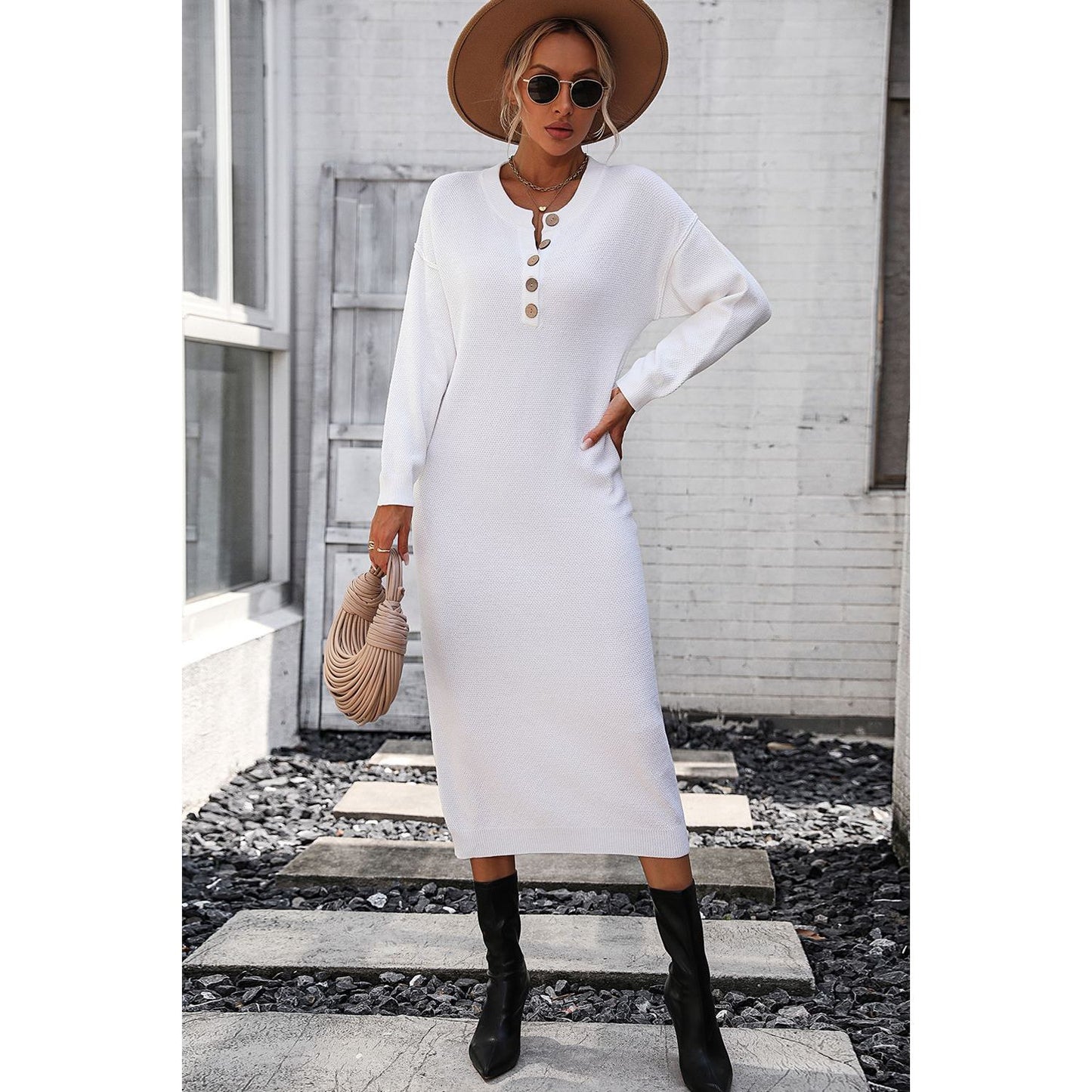 Decorative Button Notched Dropped Shoulder Sweater Dress