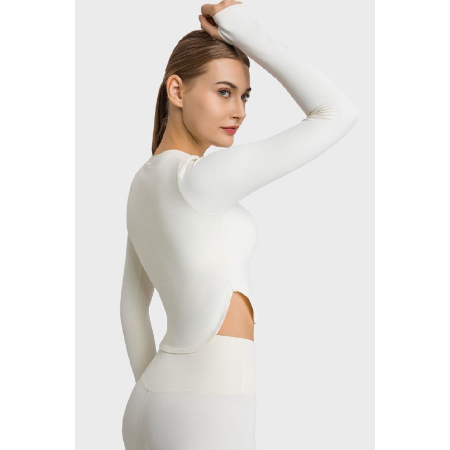 Side Slit Long Sleeve Round Neck Crop Top