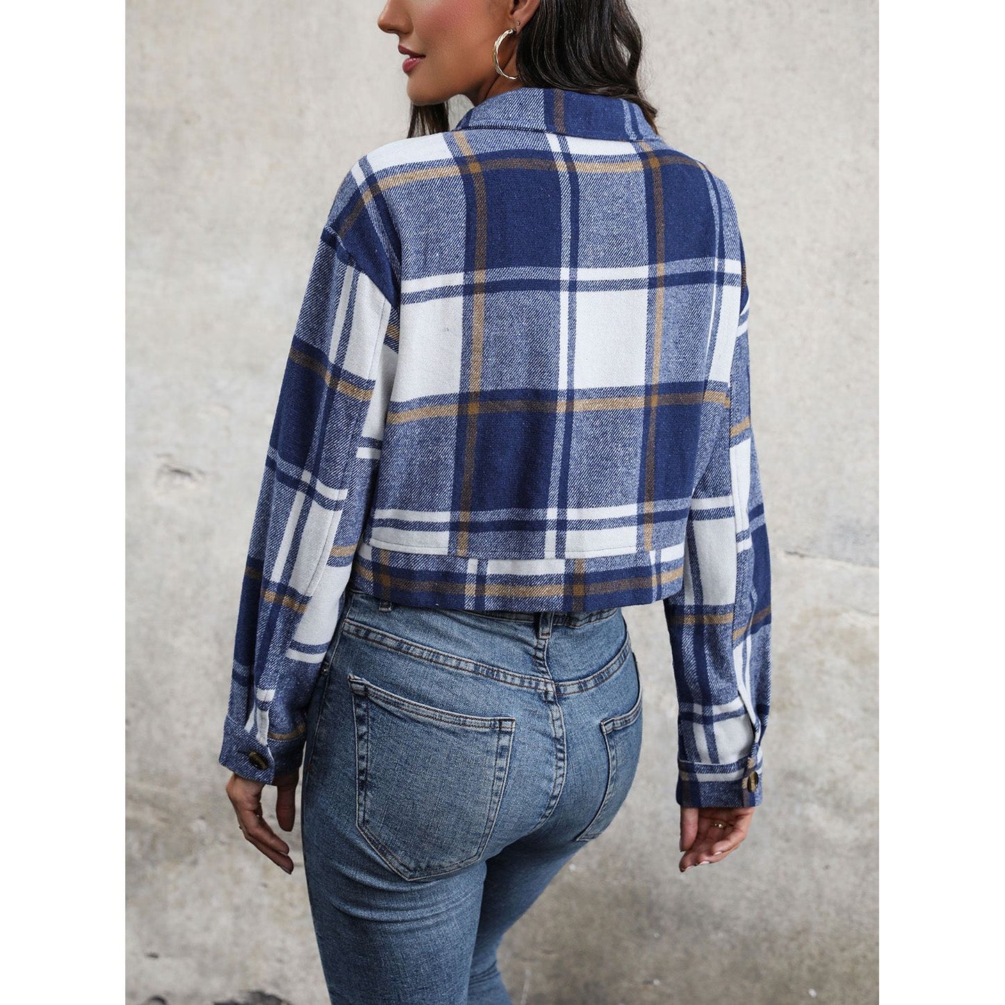 Perfee Plaid Button Up Drop Shoulder Cropped Jacket