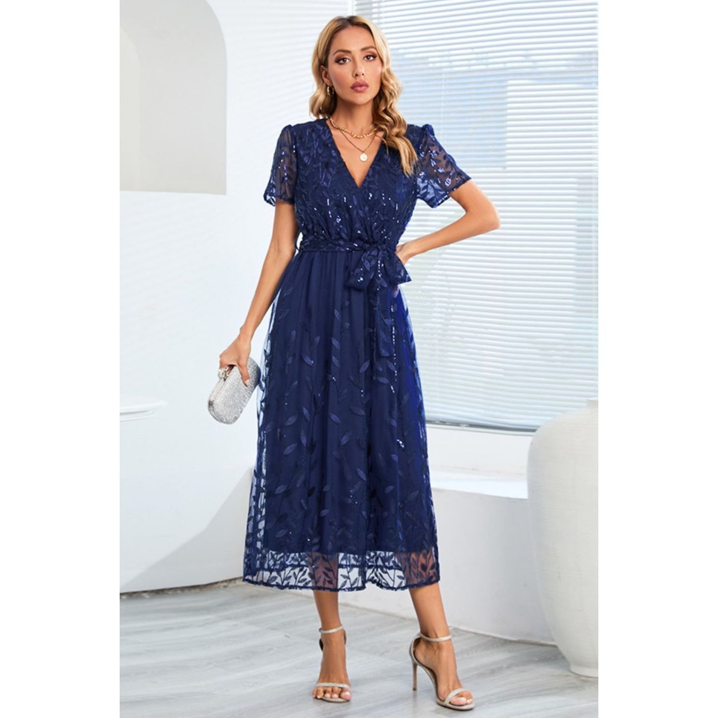 Sequin Leaf Embroidery Tie Front Short Sleeve Dress