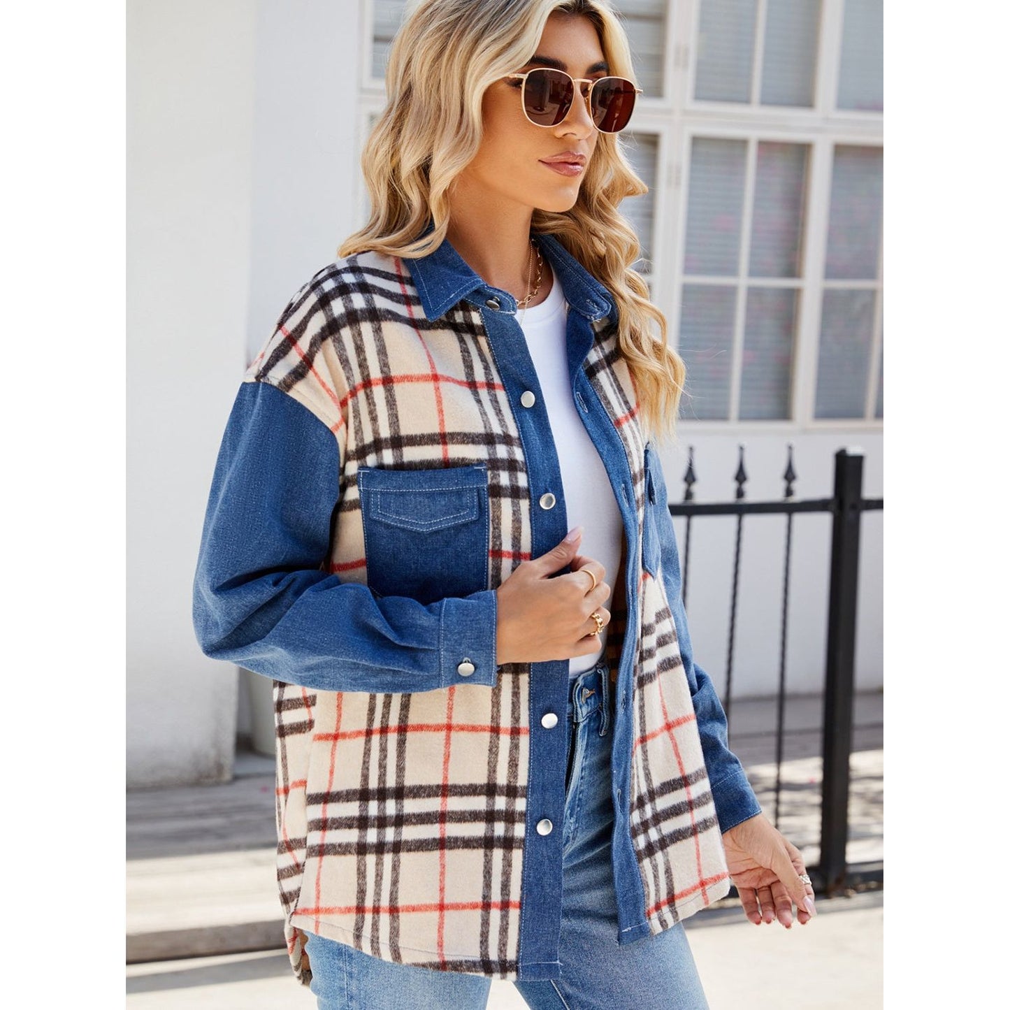 Plaid Long Sleeve Denim Jacket