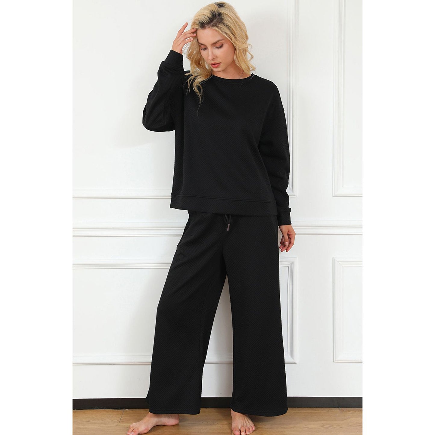 Double Take Full Size Textured Long Sleeve Top and Drawstring Pants Set