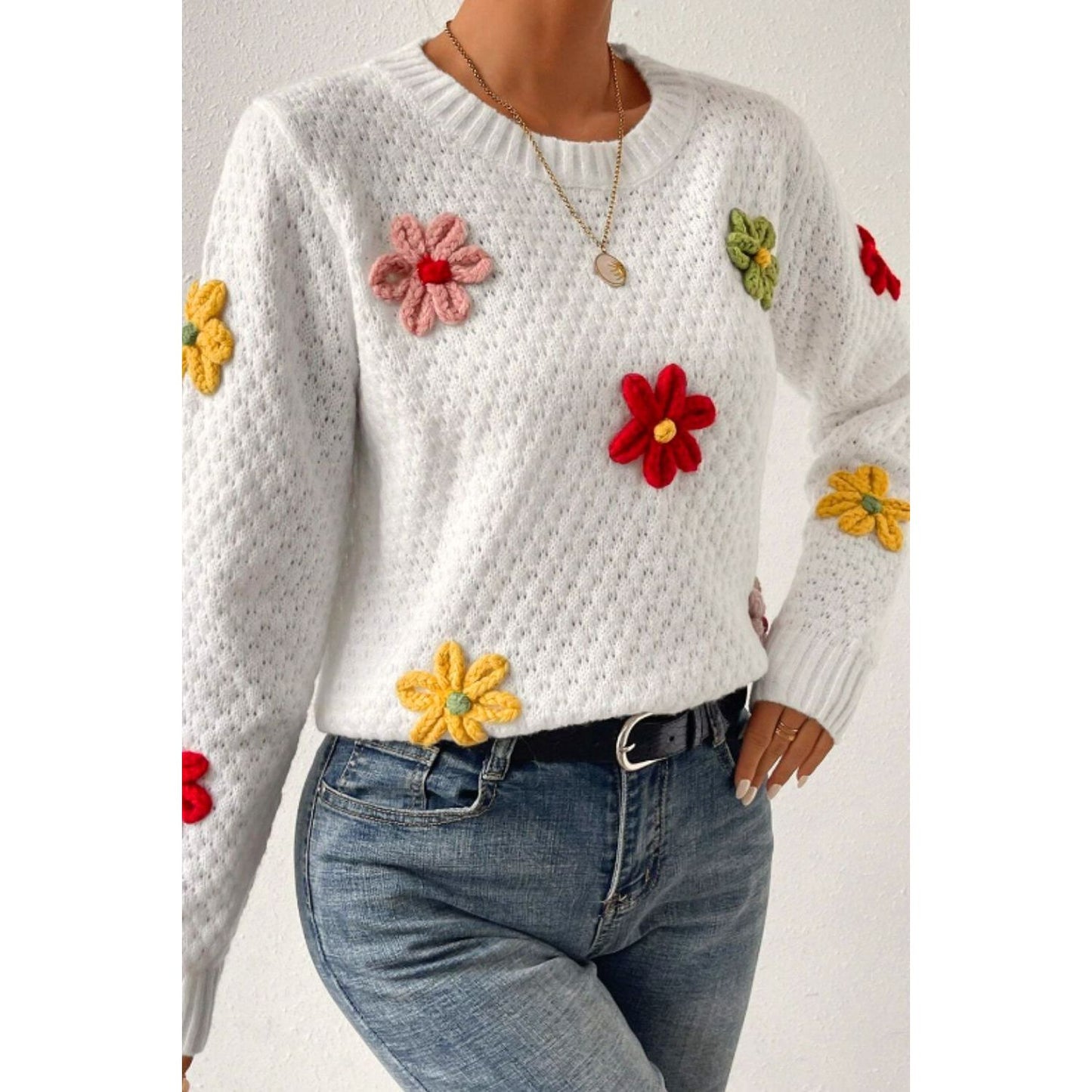 Crochet Flower Round Neck Long Sleeve Sweater