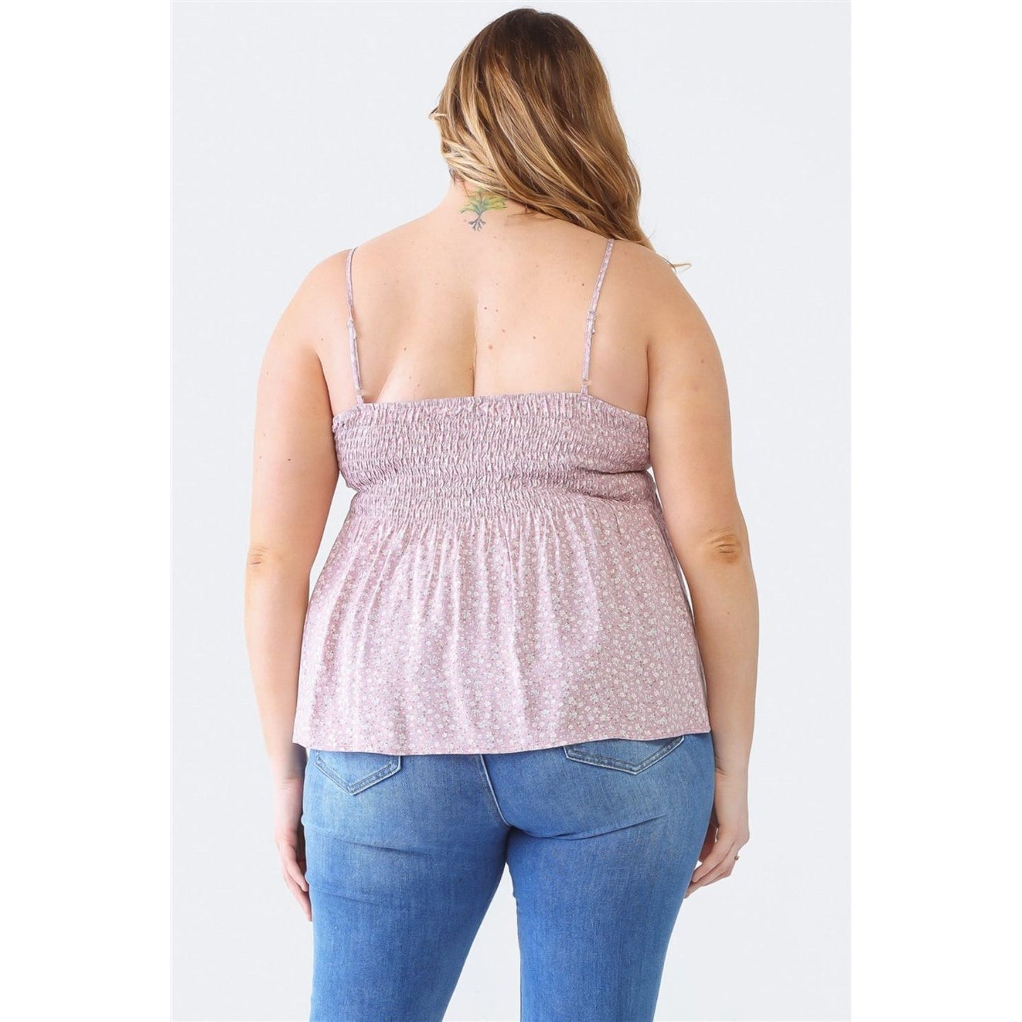 Zenobia Plus Size Frill Smocked Floral Sweetheart Neck Cami